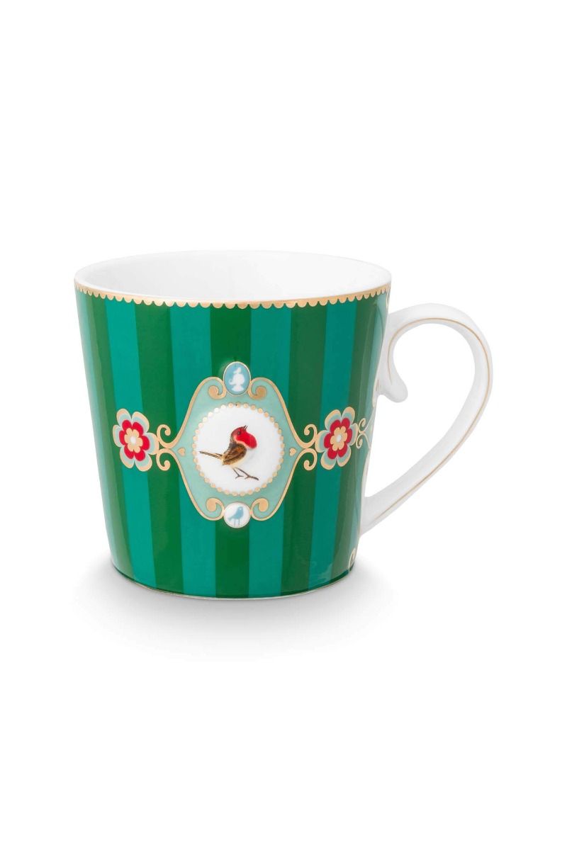 Mug Large Love Birds Medallion Stripes Emerald-Green