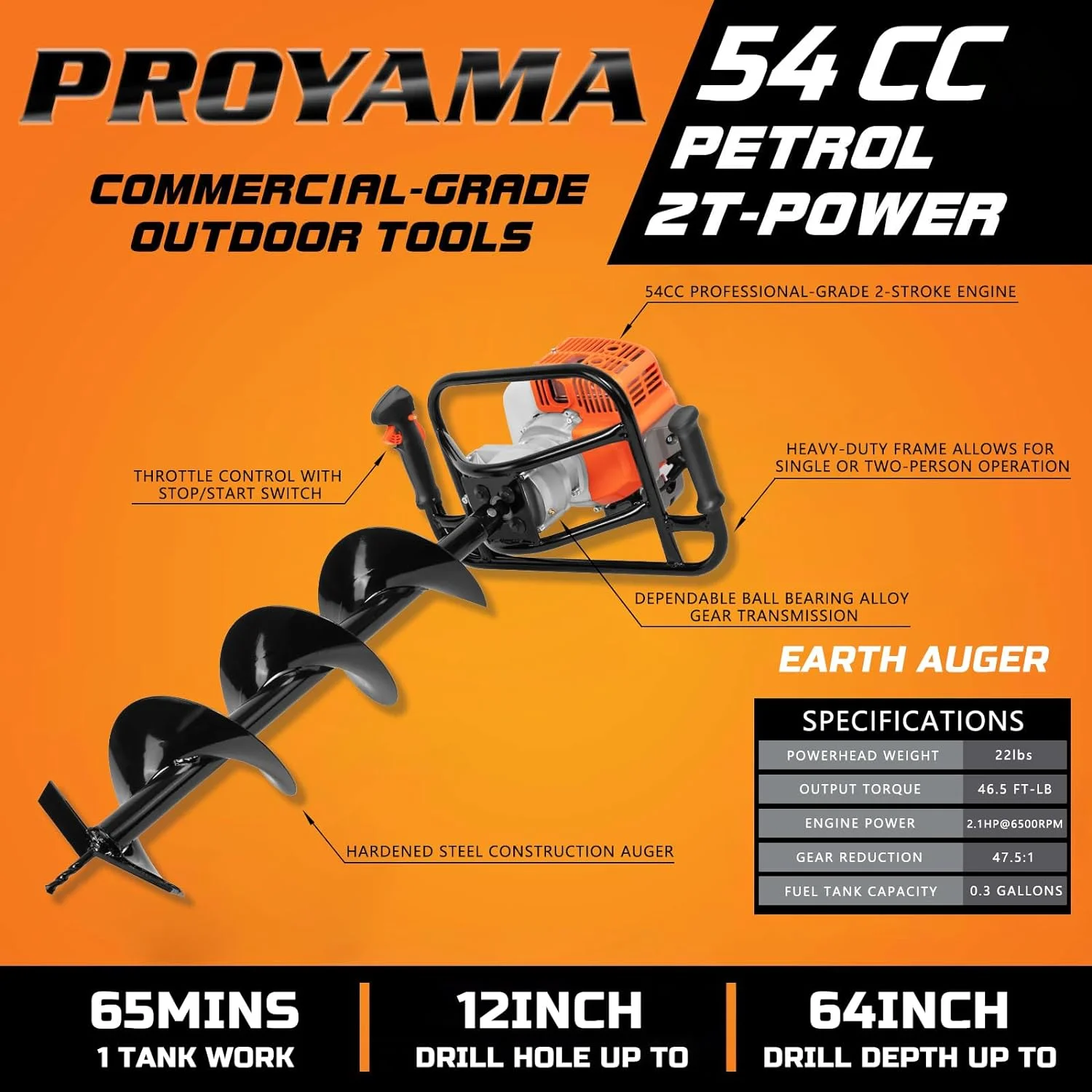 PROYAMA 54cc Post Hole Digger 2 Stroke Gas Powered Earth Digger, 5-Year Warranty Gear Box, 4 Drill Bits 4" 6" 8" 12" + Extension Rod - Image 3