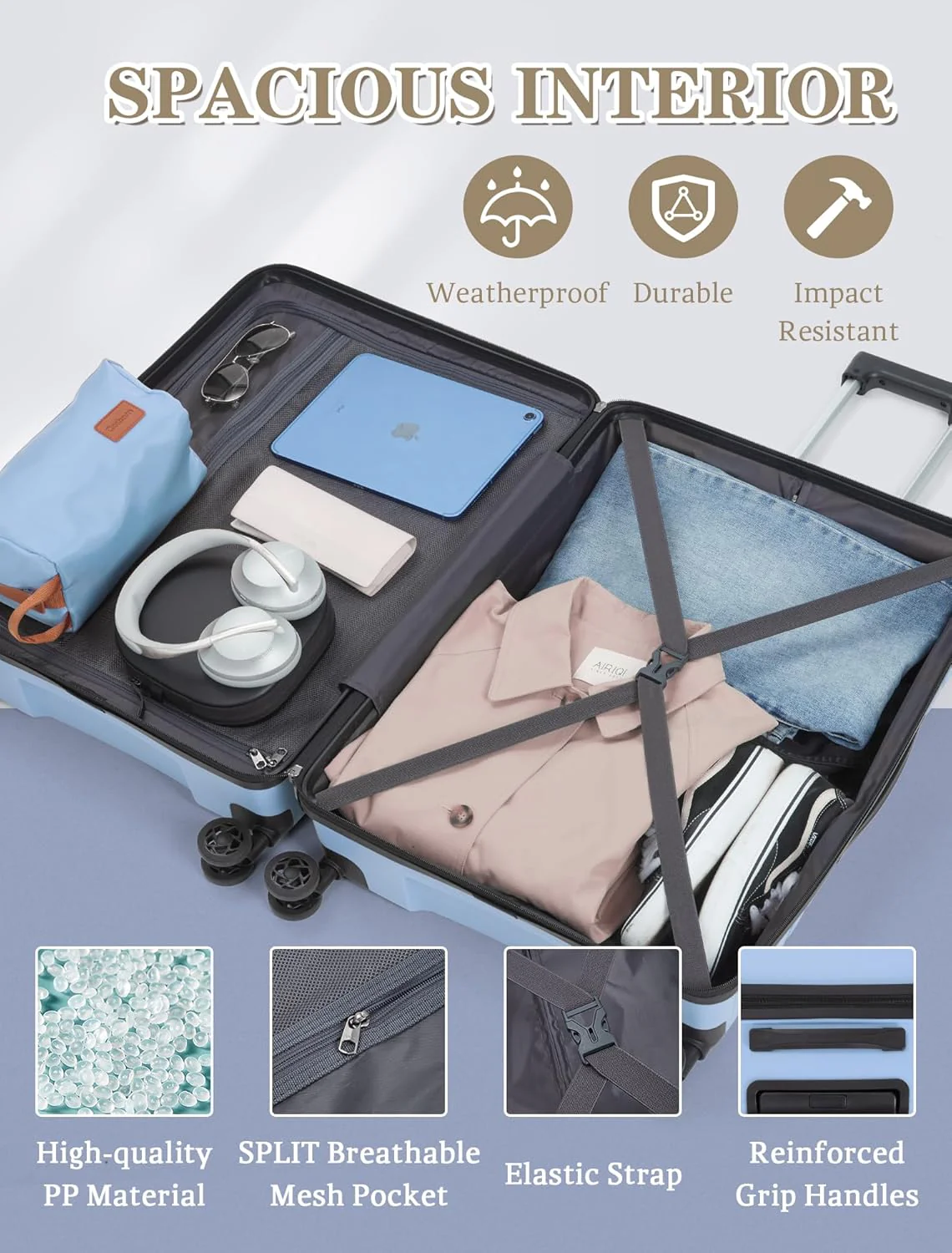 5-piece luggage set with wheels, ABS hardshell suitcase with spinner wheels