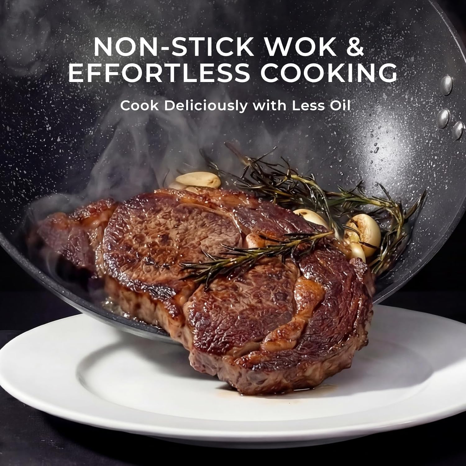 Kseroo 13-Inch Carbon Steel Wok Pan with Lid: Professional Woks & Stir-Fry Pans Nonstick with Steamer, Large Deep Flat Bottom Cookware, Works on All Cooktops, Oven Safe, Stay-Cool Handle, Kitchen Gift