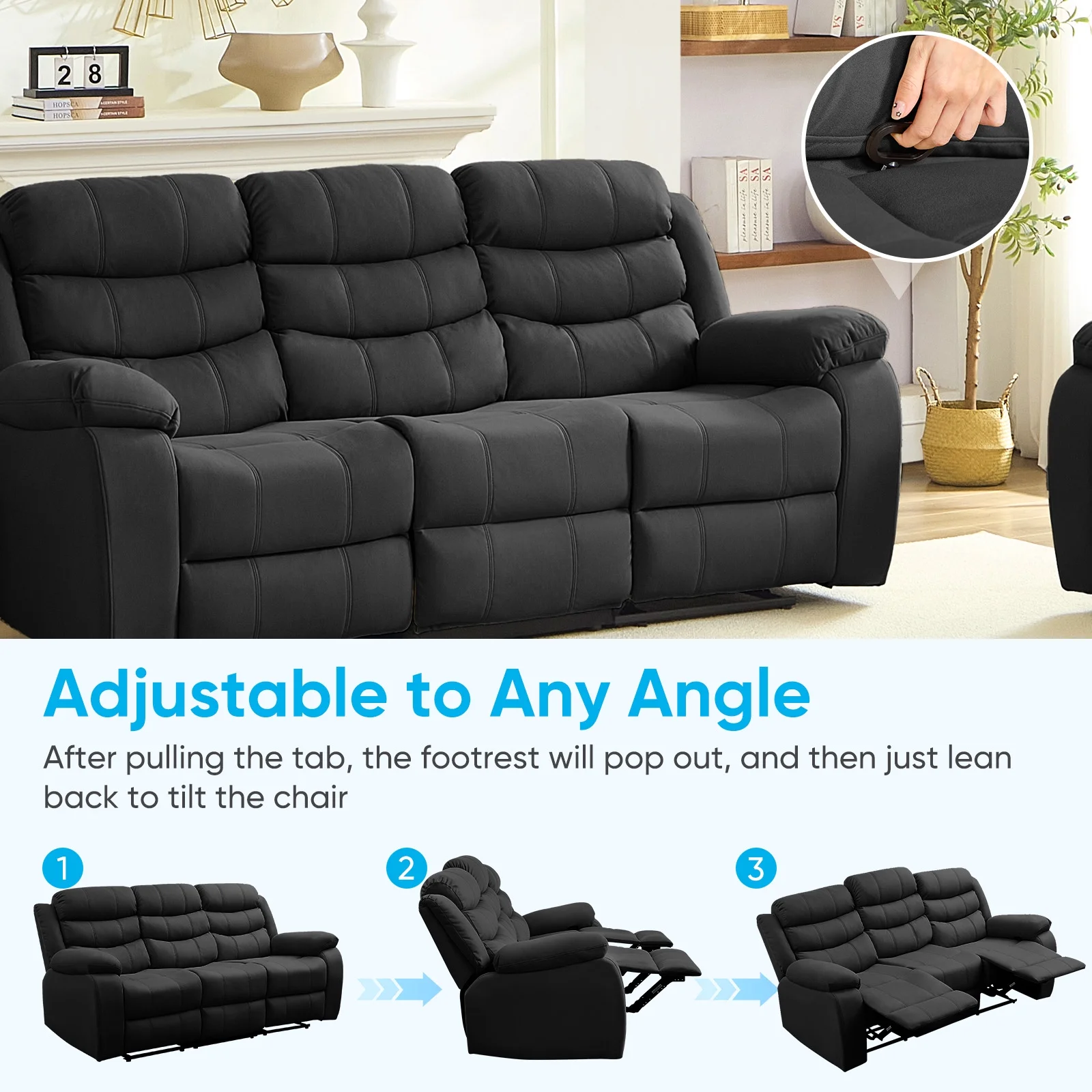 MUZZ Modern Reclining Sofa ,3-Seater Recliner Sofa with Cup Holders, Flip-Up Storage, Reversible Backrest and Footrest, Gray - Image 7