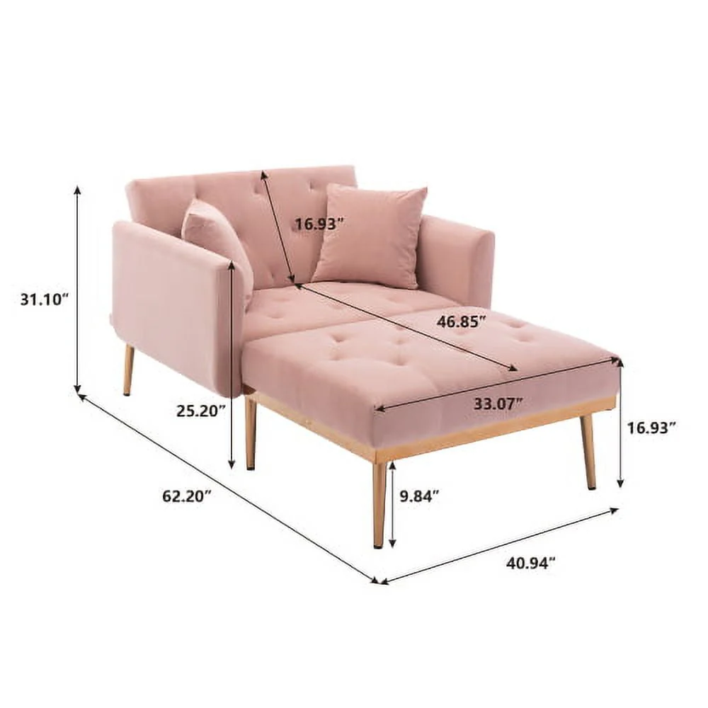 Velvet 2 in 1 Chaise Lounge Indoor Sleeper Chair, Convertible Chairs into Beds with 2 Pillows, Comfy Tufted Sleeper Chair for Bedroom, Living Room, Pink - Image 3