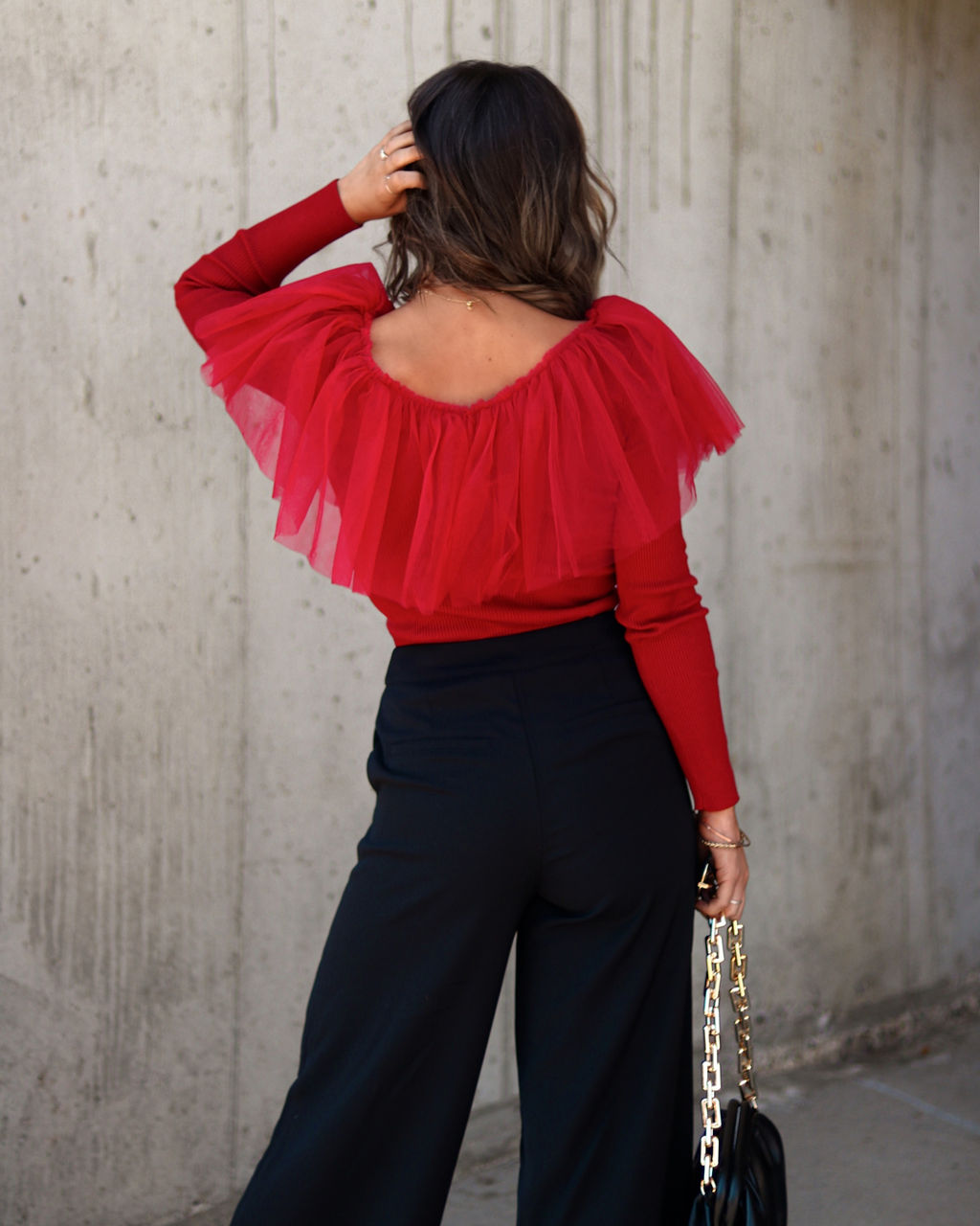 Picture Perfect Glam Ribbed Knit Ruffle Tulle Top - Red - Se7enfashion