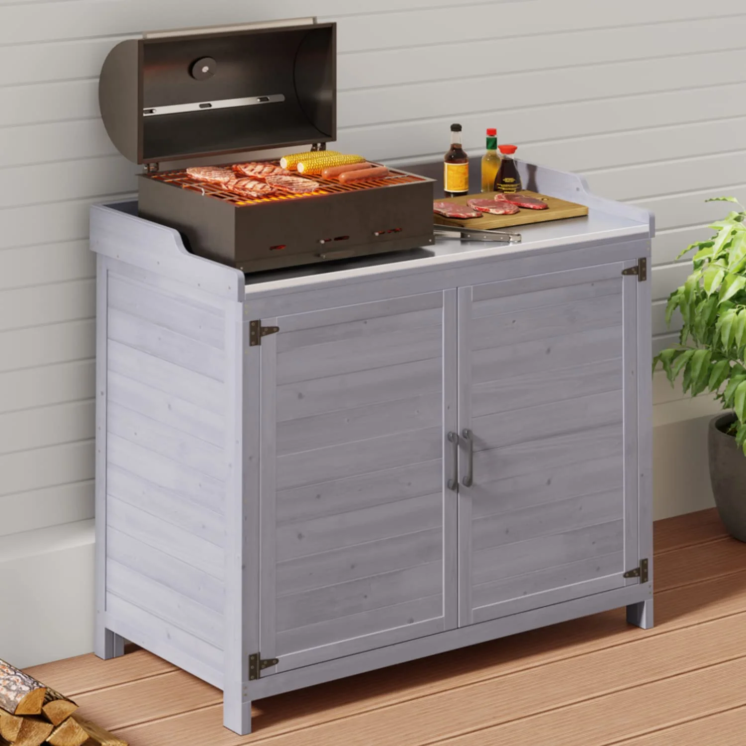 Lofka Outdoor Storage Cabinet, Outdoor Potting Bench Table with Removable Shelves for Yard, Garden, Waterproof Wood - Image 15