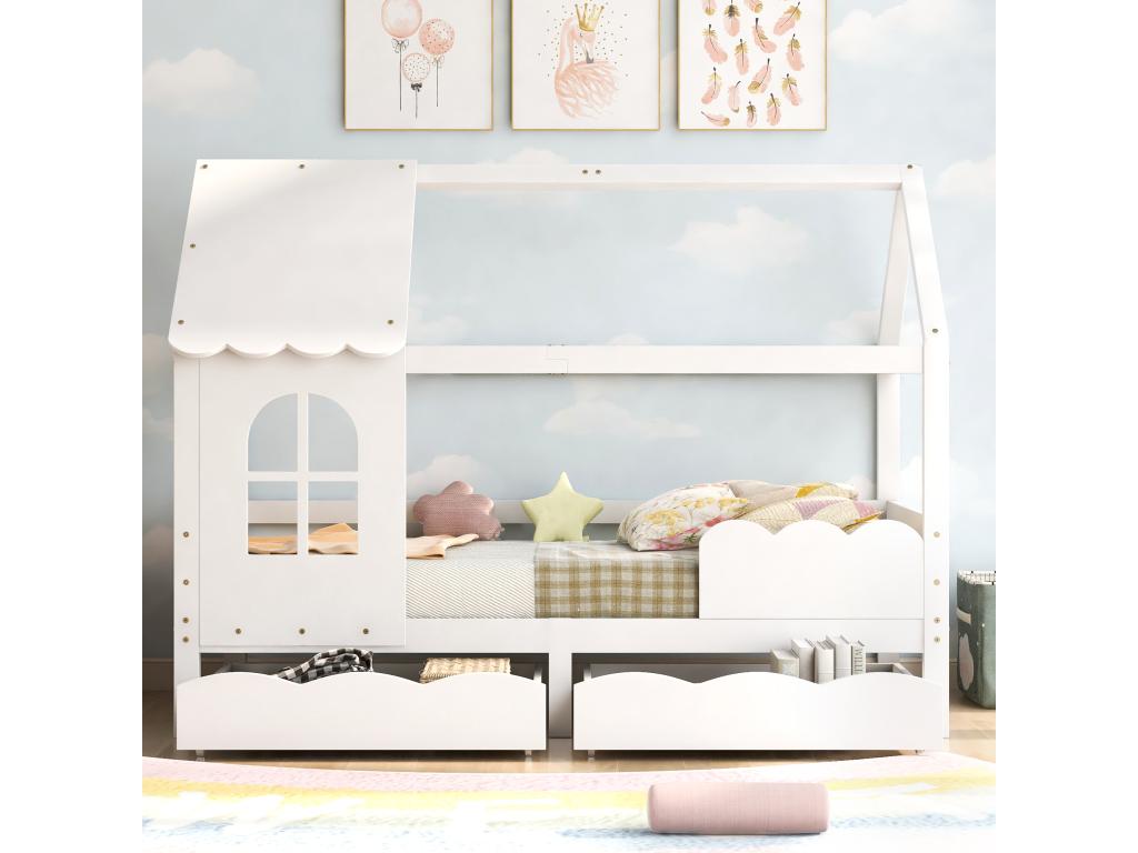Cama casita infantil con barrera protectora, cajones de almacenamiento, blanco 200x90cm