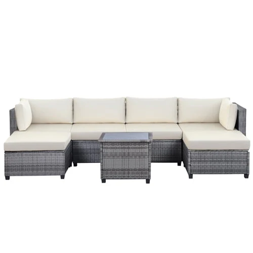 Wicker Patio Sofa Sets, 7 Pieces Outdoor Seating Sets, Lounge Sofa and Tempered Glass Coffee Table, Deck Front Garden Furniture Set, Brown Rattan + Beige Cushion - Image 8