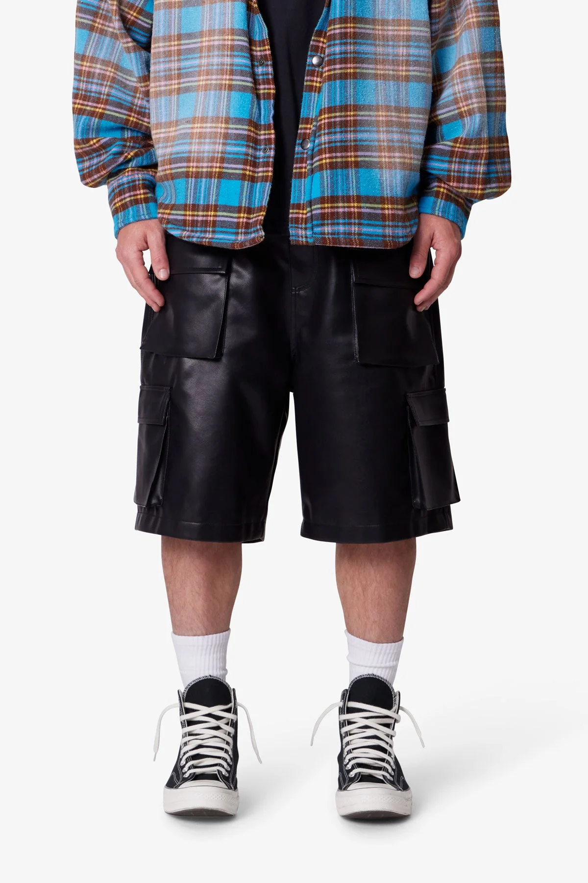 Baggy Leather Cargo Shorts - Black
