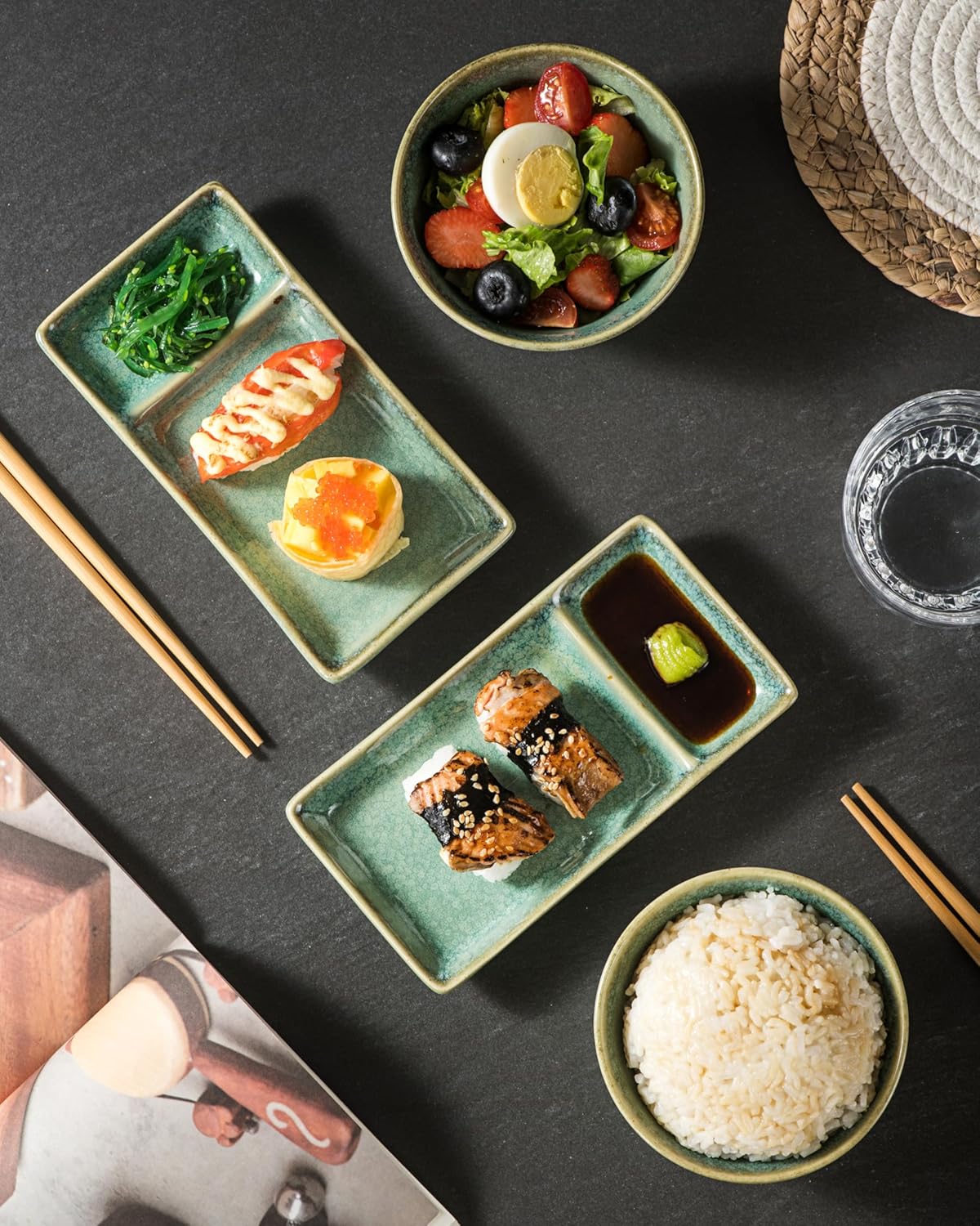 HENXFEN LEAD Ceramic Japanese Appetizer Sushi Plates and Bowls Set for 2 | 7