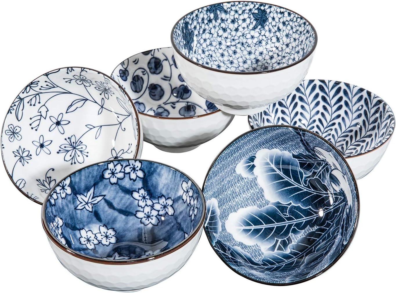 Japanese Style Ceramic Rice Bowls,10 Ounces Small Salad,Soup,Ice Cream Snack Dip Bowl Set of 6,Blue and White Floral Microwave Safe for Kitchen (4.5 inch)