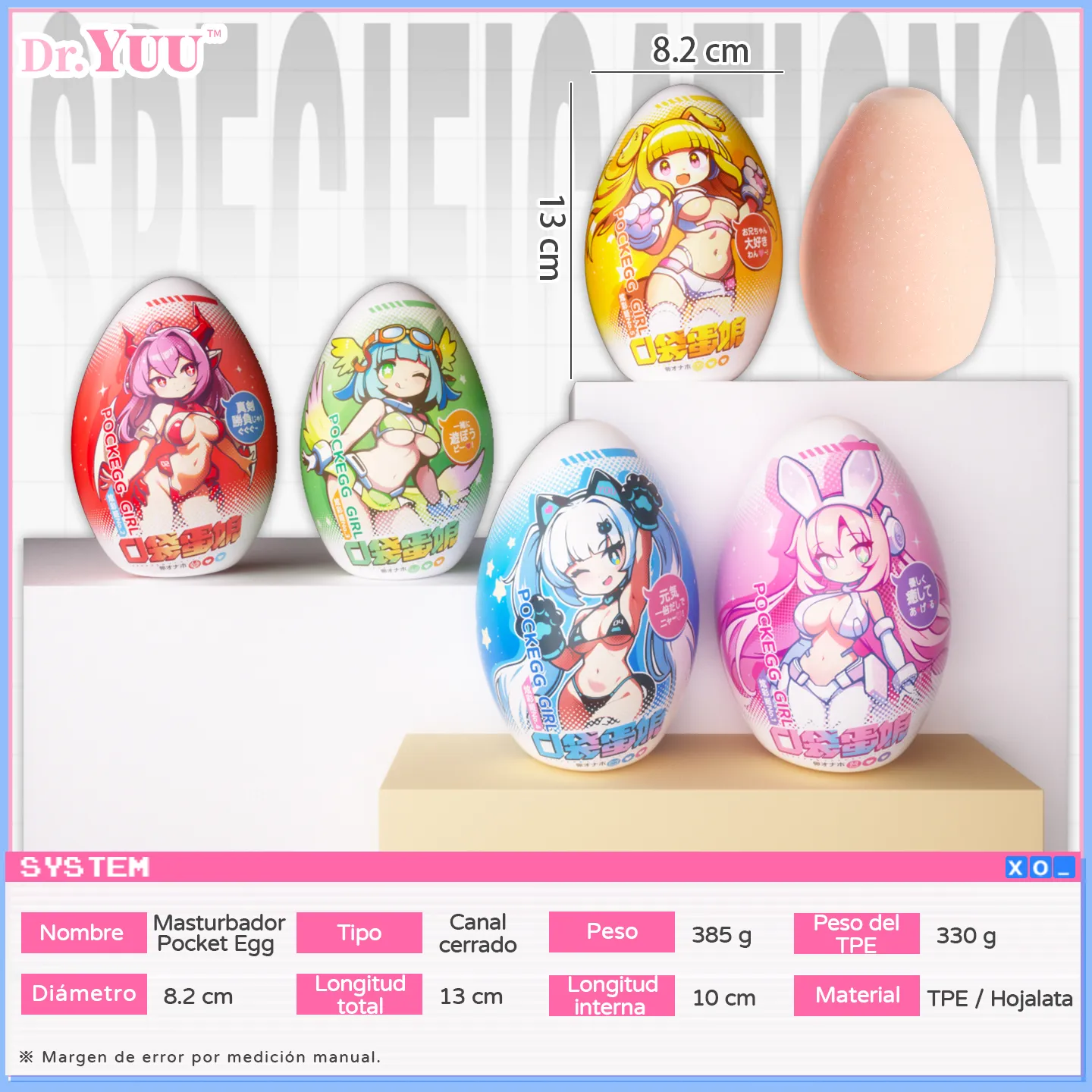 Especificaciones y medidas del masturbador Pocket Egg de Dr.YUU, diseñado con carcasa metálica