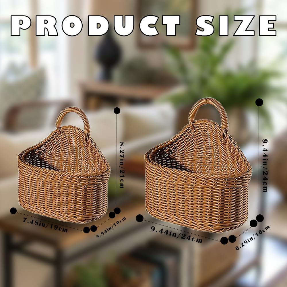 Japanese Rattan Style Storage Baskets, 2-Pack (Small & Large) Kitchen Organizer Hanging Baskets for Garlic, Onion, Fruits, Remote Control, Bathroom Supplies, Brown Oval Countertop or Wall Mount