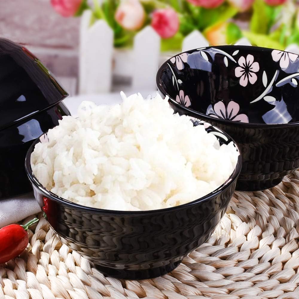 Japanese Style Rice Bowl Set of 4 Ceramic Cereal Bowls for Soup Snack Oat (4, Black Sakura)