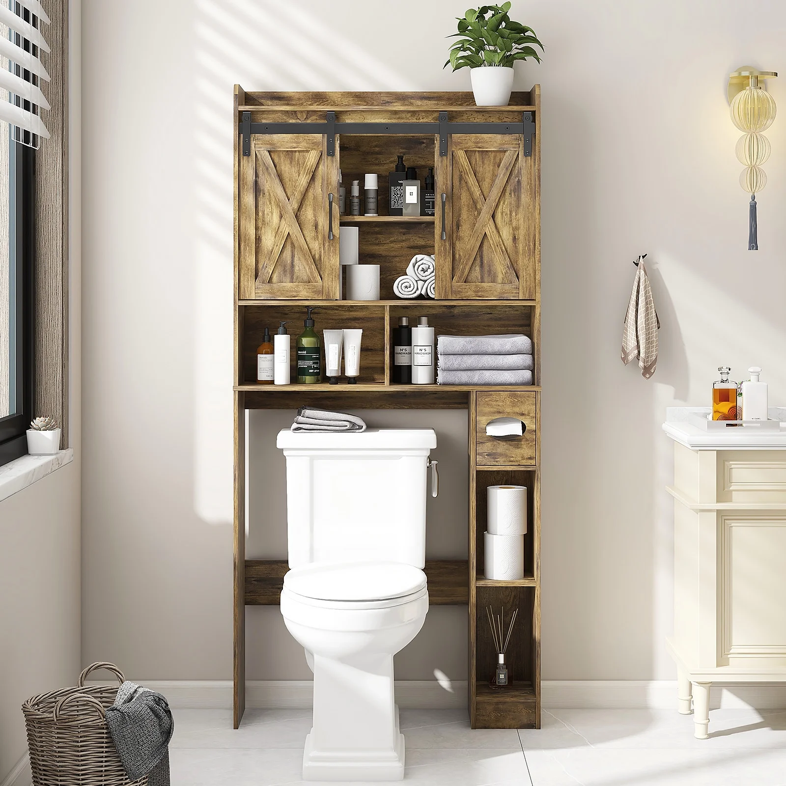 Over The Toilet Storage Cabinet, Farmhouse Storage Cabinet Over Toilet with Sliding Doors-Home Space-Saving Toilet Rack, for Bathroom, Restroom, Laundry - Image 28