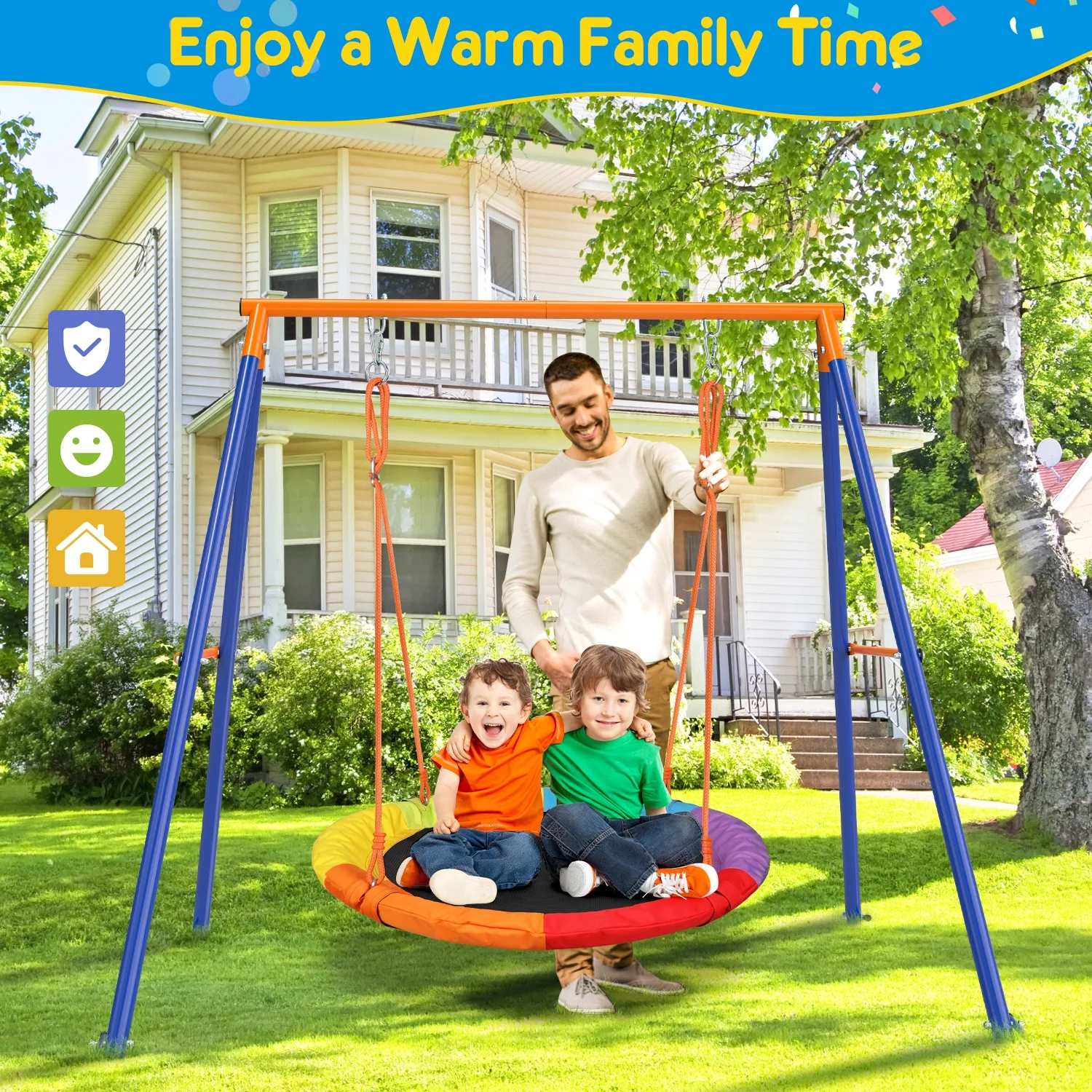 GIKPAL Swing Sets for Outside 440lbs Swing Set for 2-3 Kids Outdoor with Heavy-Duty Metal Frame & Adjustable Ropes Round Swing, Rainbow - Image 2