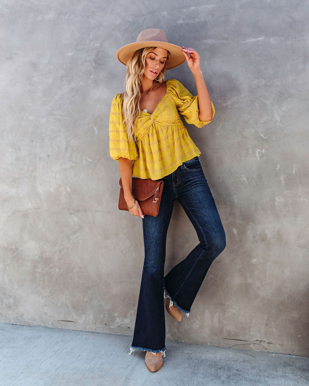 Divine Textured Puff Sleeve Top - Mustard - SALE - Se7enfashion