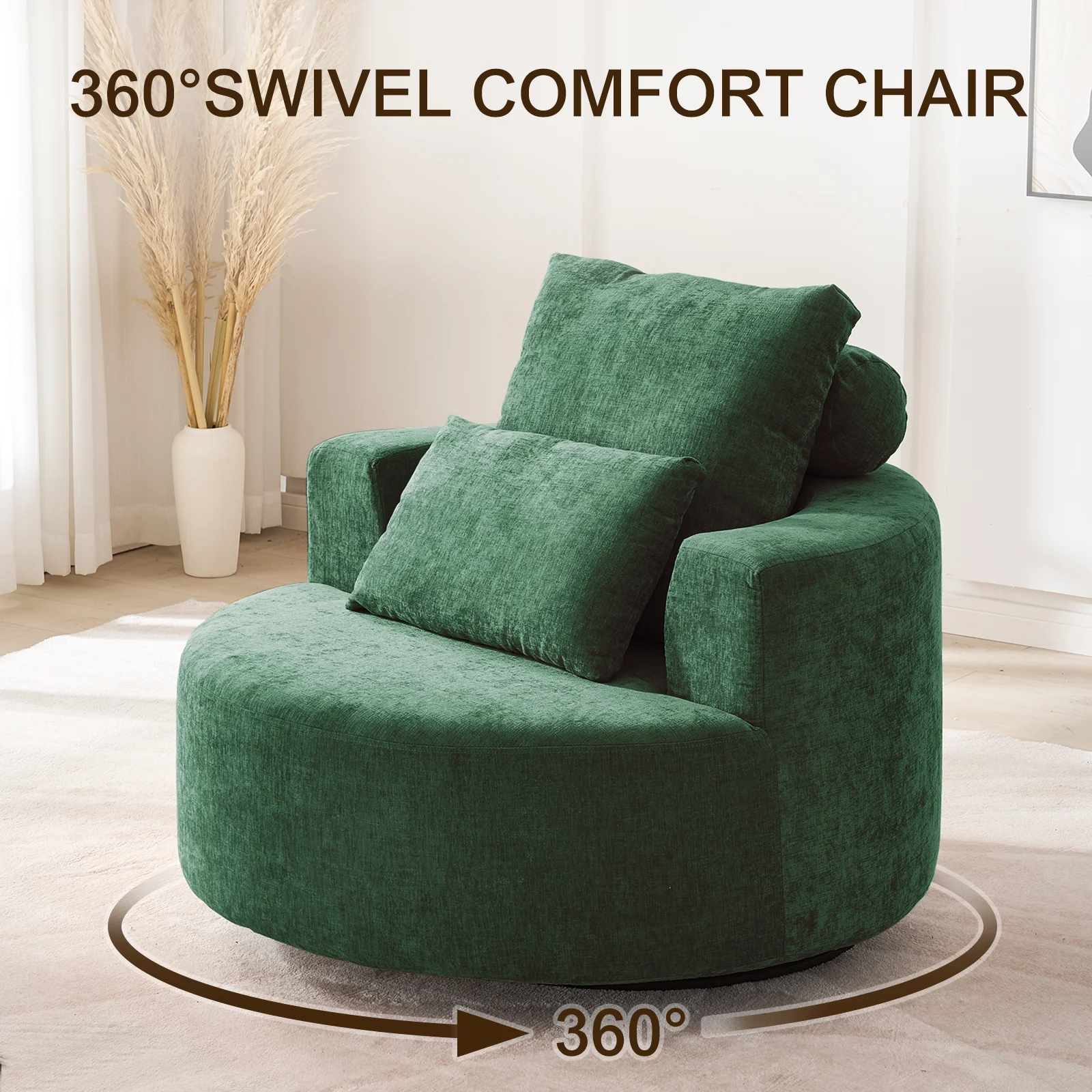 Fumahaus Upholstered Swivel Accent Chair, Oversized Comfy Round Sofa Chair with Two Pillows, Leisure Sofa Chair for Living Room Bedroom, Beige - Image 45