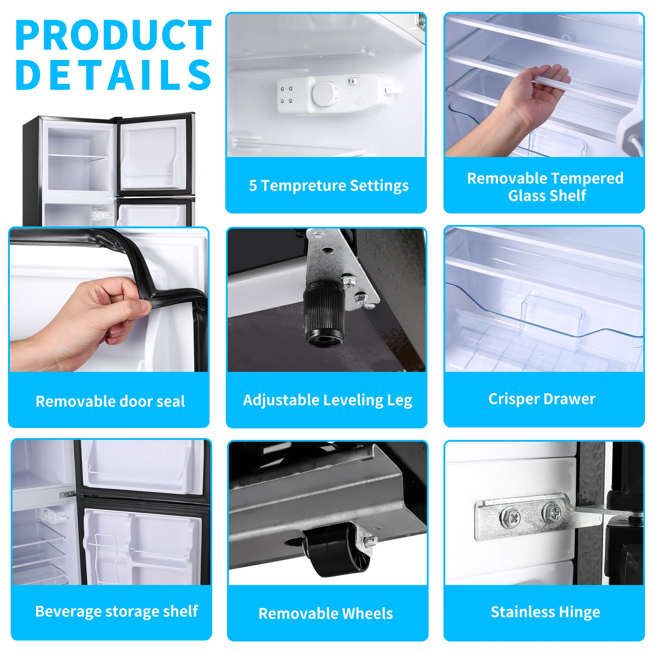 4.5 Cu. ft. Compact Refrigerator 2 Door with Freezer,5 Adjustable Thermostat & 4 Removable Glass Shelves - Image 6