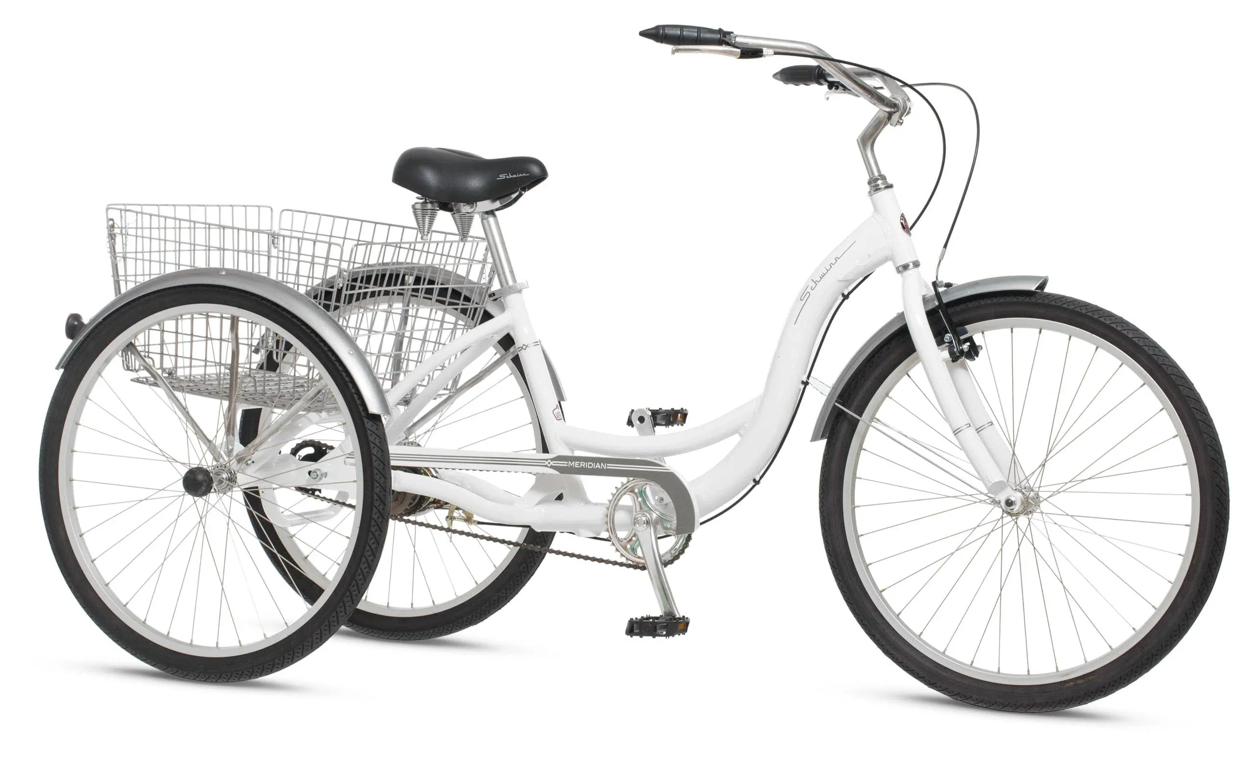 2025 Schwinn Meridian Adult Tricycle Bike Mens and Womens Three Wheel Beach Cruiser 26-inch Wheels Low Step-Through Frame Wide Seat Rear Folding Basket Sin