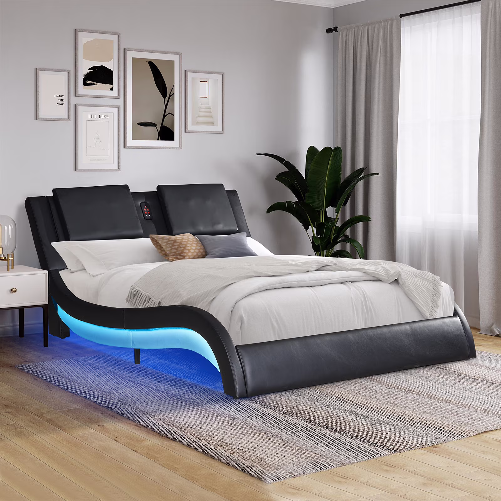 OYang King Size Platform Bed Frame wth LED Light And USB Charging Ports Headboard, Wave-Like Curve Backrest Vibration Massage Upholstered Faux Leather Bed for Home