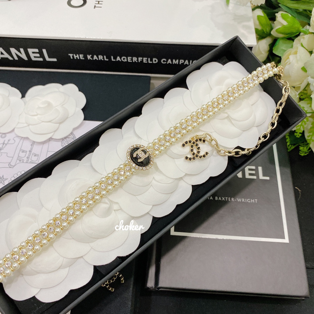 Chanel 3 Rows Pearl Rhinestone Bracelet Earrings Choker Necklace - Original Replica Club