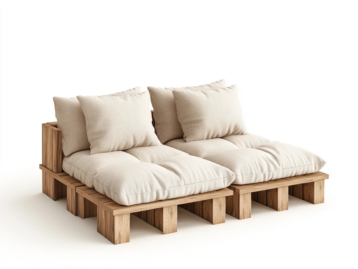 Sofá doble de palets de 140x80 cm para sala o terraza con cojines beige minimalista de madera de pino