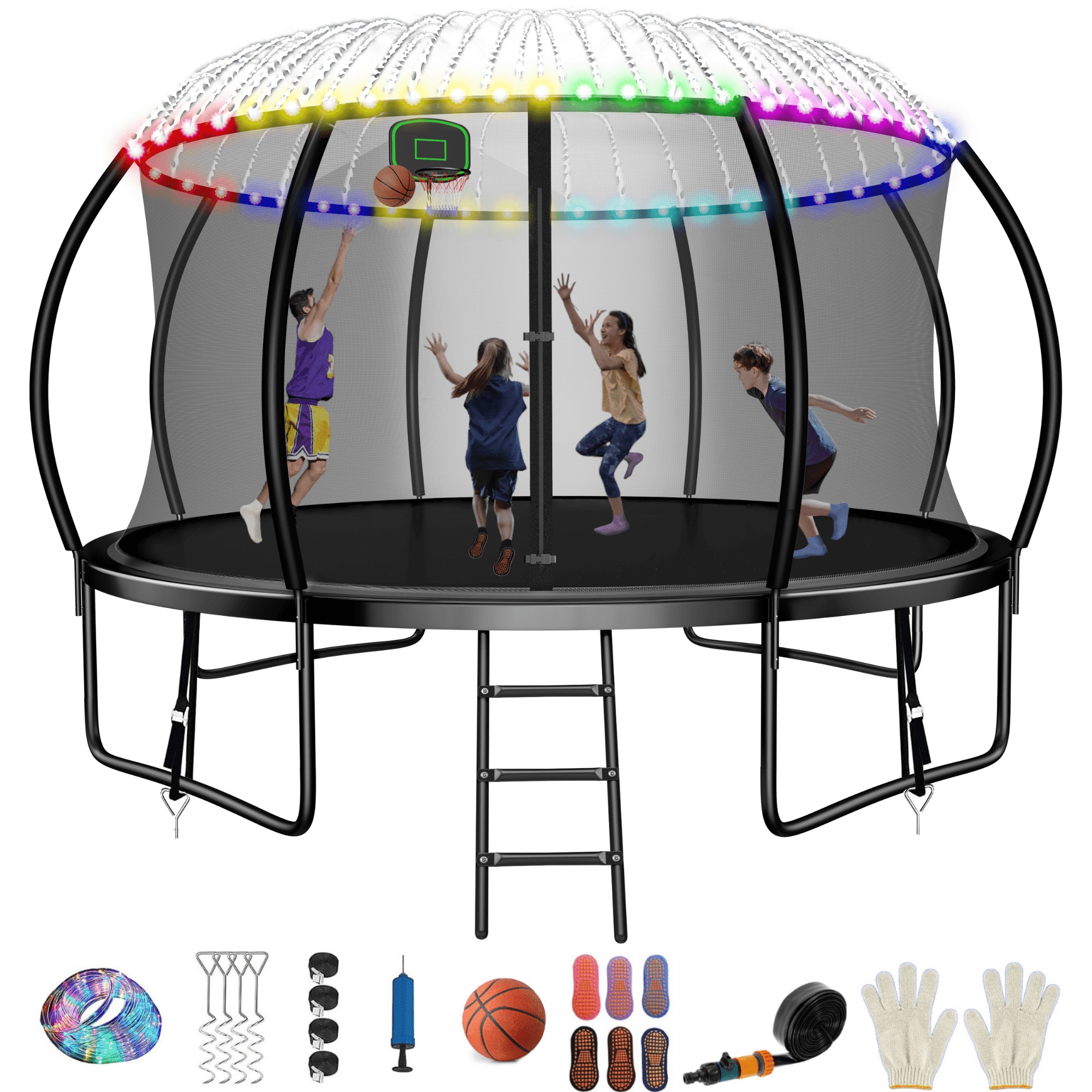 WAYFAIR FIZITI 14FT 1400LBS Trampoline With Basketball Hoop For Kids,Pumpkin Outdoor Trampoline With Enclosure Net,Sprinkler,Light,Socks,Ladder, Recreational Backyard Trampoline Capacity For 7-8 Kids