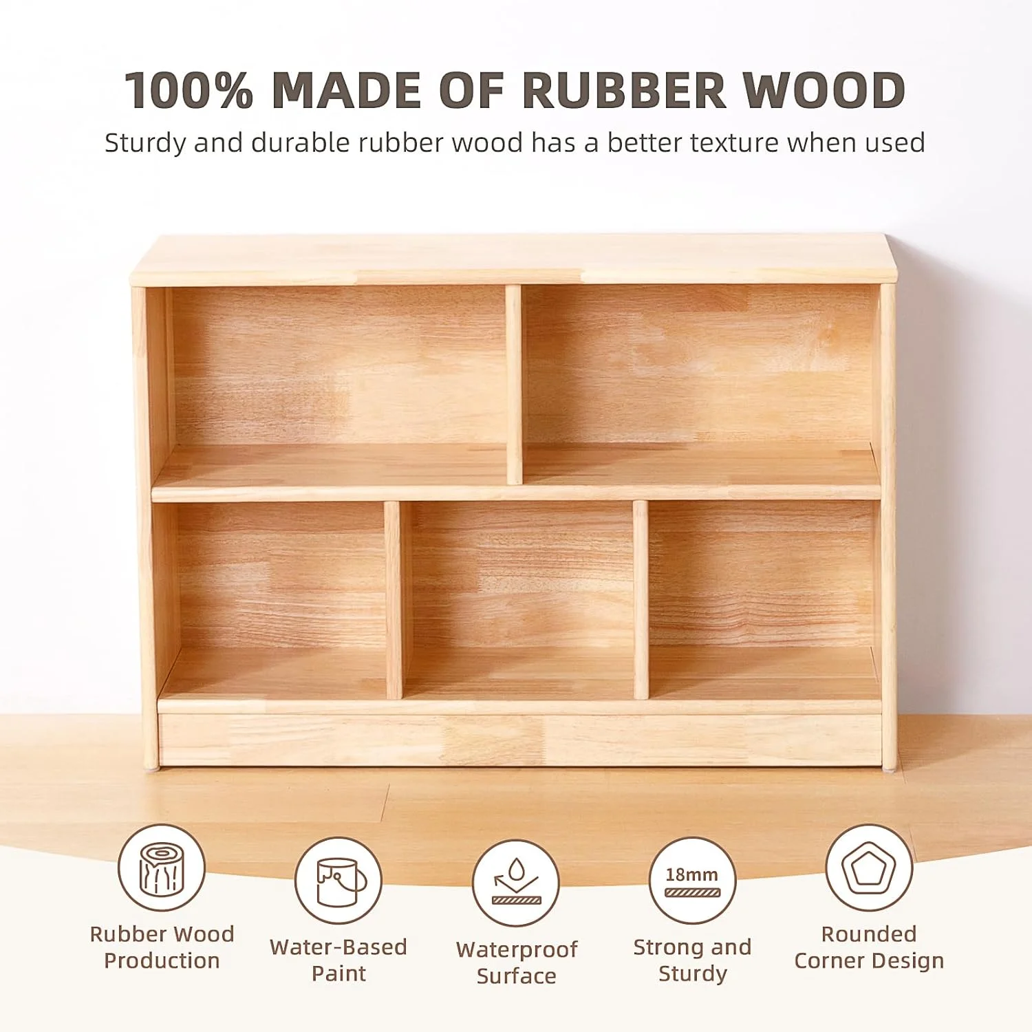 Rubber Wood 5-Compartment Montessori Shelf, 35.4" L Toddler Bookshelf, 2-Tier Wooden Storage Cabinet, Kids Classroom Organizer, Playroom, Daycare and Preschool Storage Shelves - Image 4