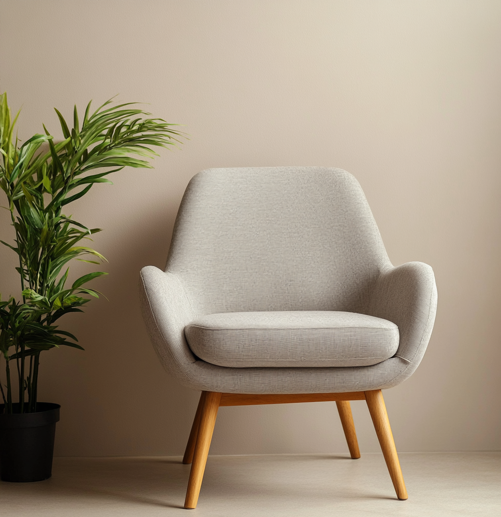 Sillón nórdico beige con patas de madera para sala de estar