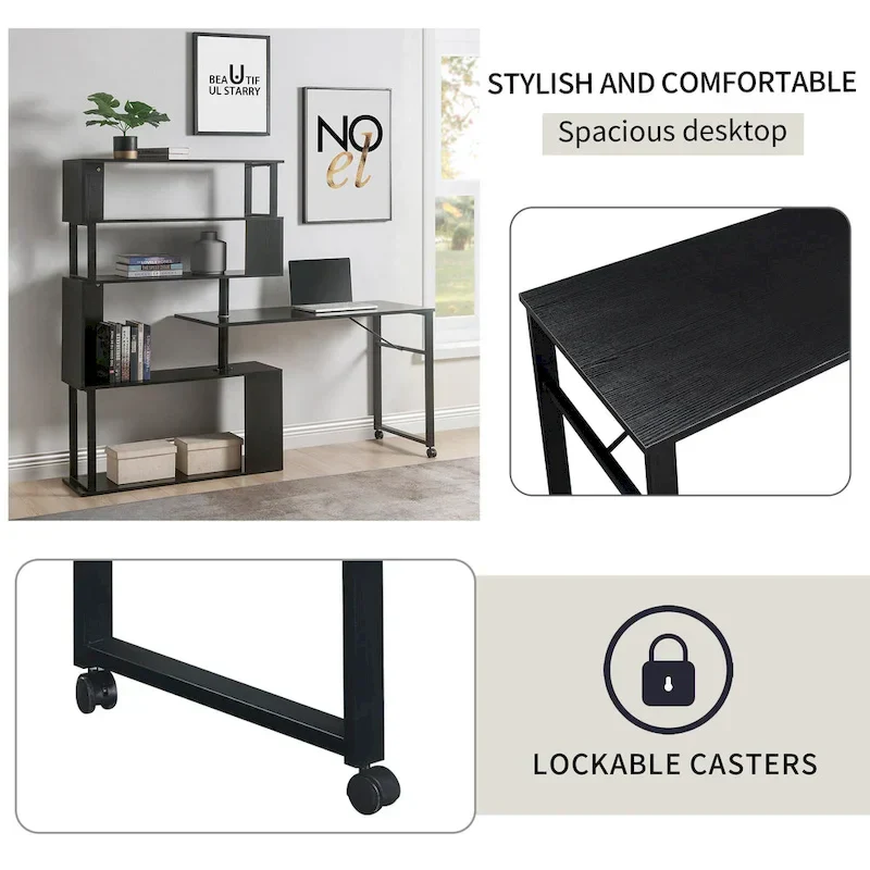 Modern Computer Desk with 5-Tier Shelves – Space-Saving Rotatable Workstation