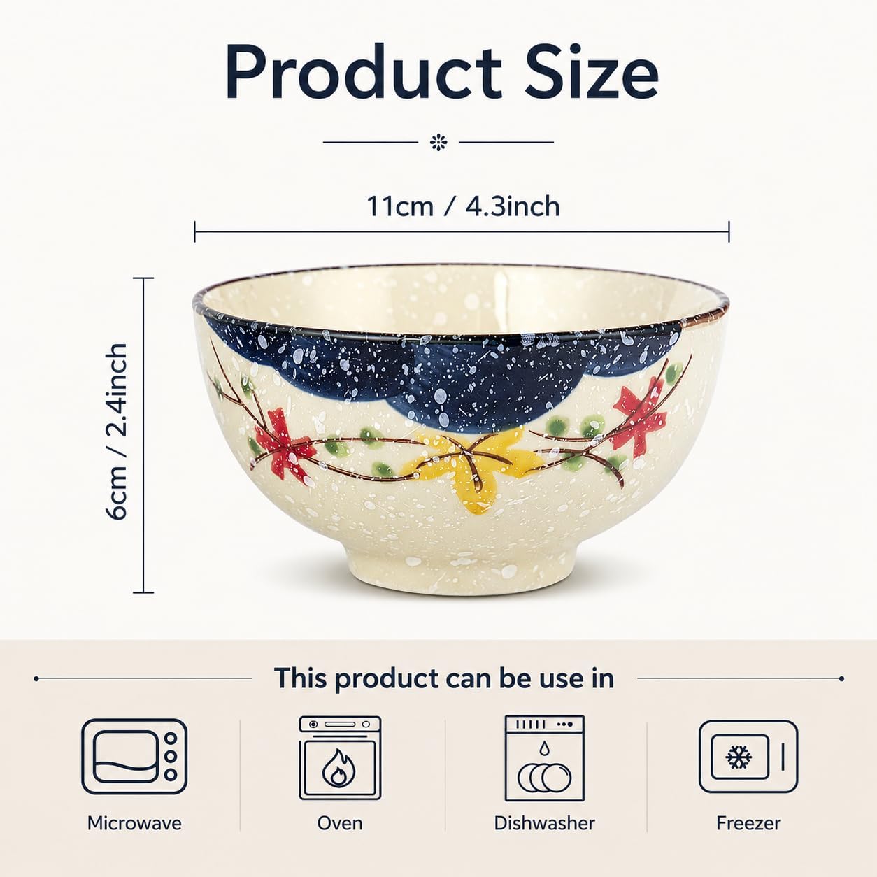 clothmile 4.5 Inch Japanese Retro Rice Bowls Set of 6 Japanese Style Hand-Painted Floral Plum Ceramic Bowls for Cereal, Soup, Dessert, Snack, Fruit, Salsa for Xmas Holiday Present