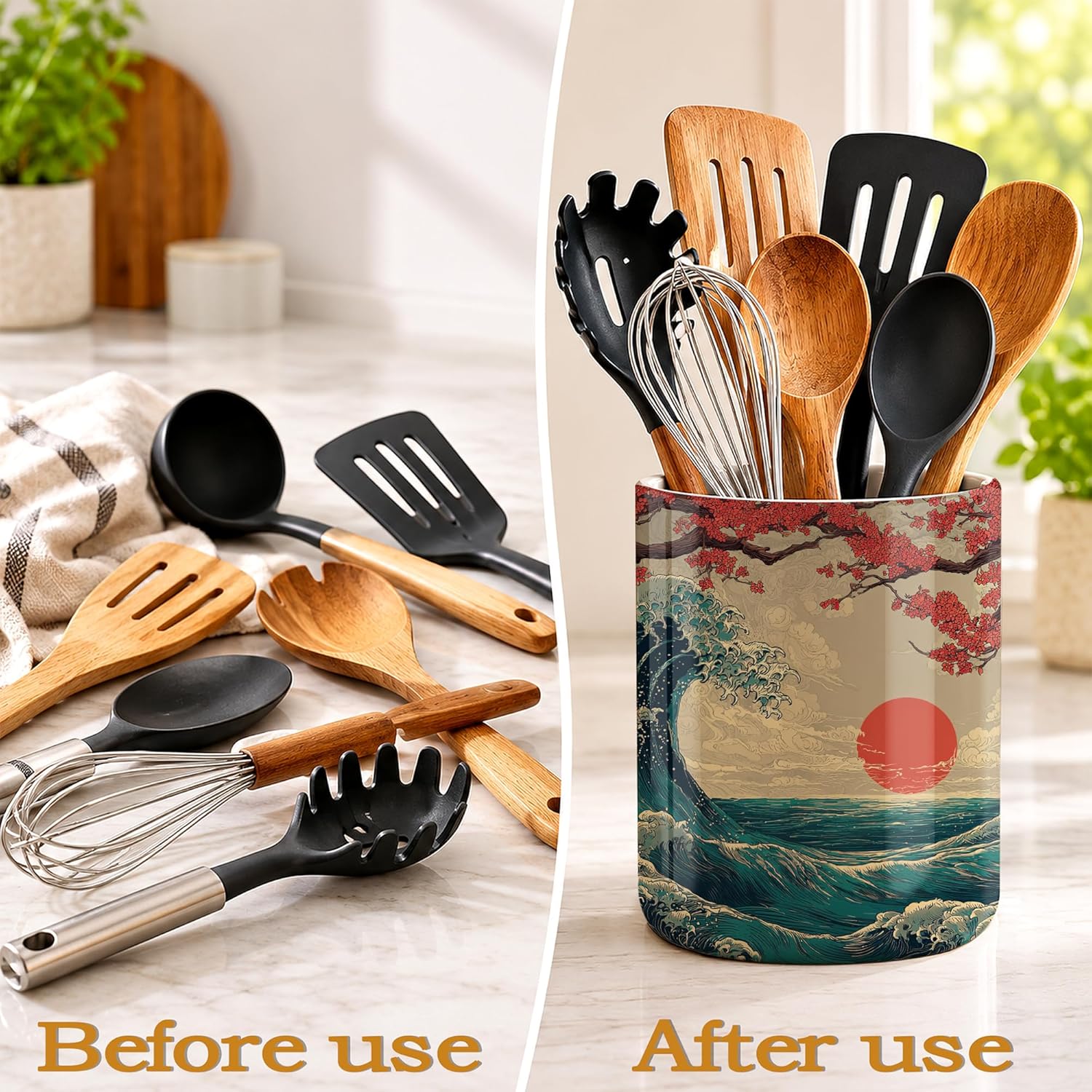 Japanese Waves Kitchen Utensil Holder,Sunrise Cherry Blossoms Ceramic Utensil Crock for Countertop,Cooking Tools Storage jar for Spatulas and Spoons,Housewarming Gifts 6.3