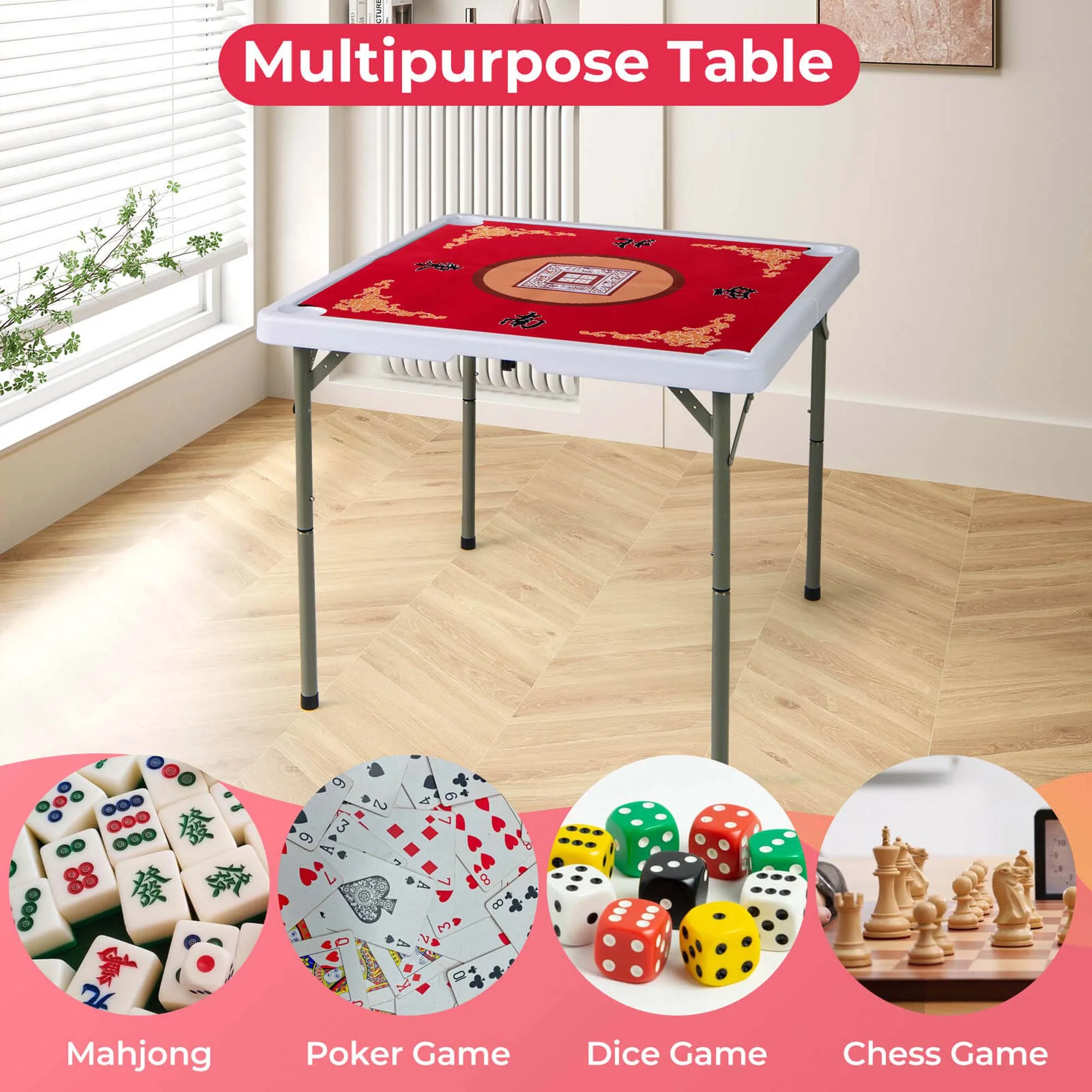Costway 35" Folding Mahjong Table with Cup Holders & Smooth Felt Mat Carrying Handle Green - Image 16