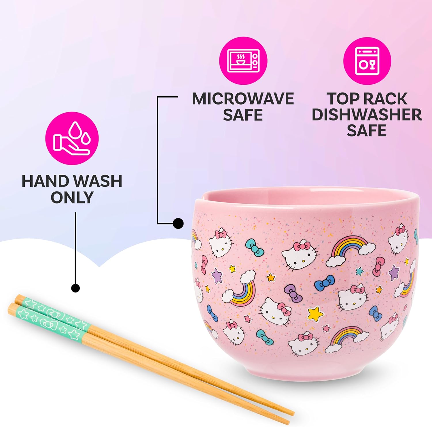 Silver Buffalo Sanrio Hello Kitty Bows Stars Rainbow Pattern Ceramic Ramen Noodle Rice Bowl with Chopsticks, Microwave Safe, 20 Ounces