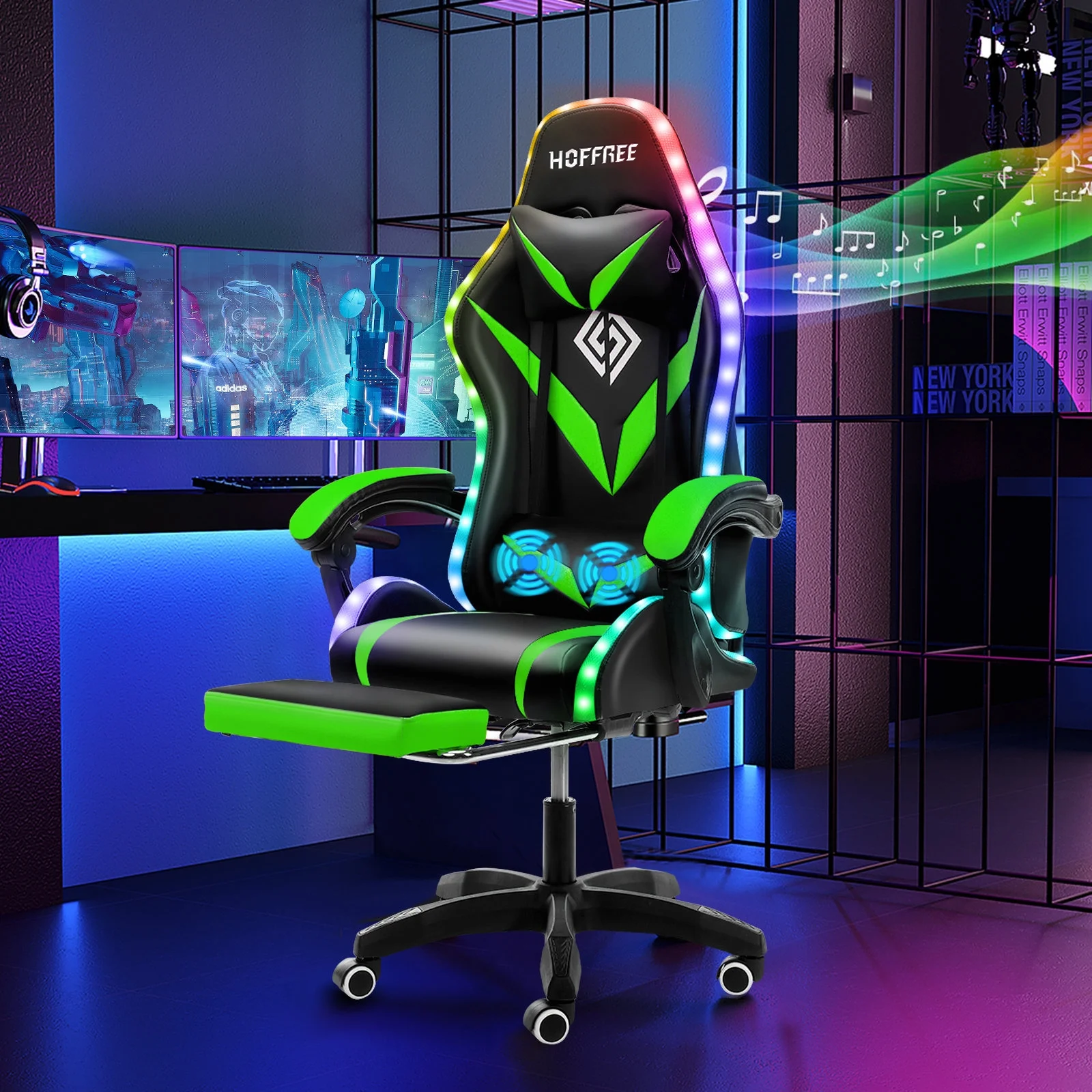 Hoffree Gaming Chair with Speakers PU Leather Office Chair with Footrest and LED Lights Ergonomic Gamer Chair with Massage Lumbar Support and Headrest Adjustable Swivel for Home Office 300lb - Image 41