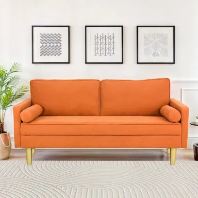 Elegant 65-Inch Orange Polyester 2-Seater Loveseat with Side Pockets and Round Cushions