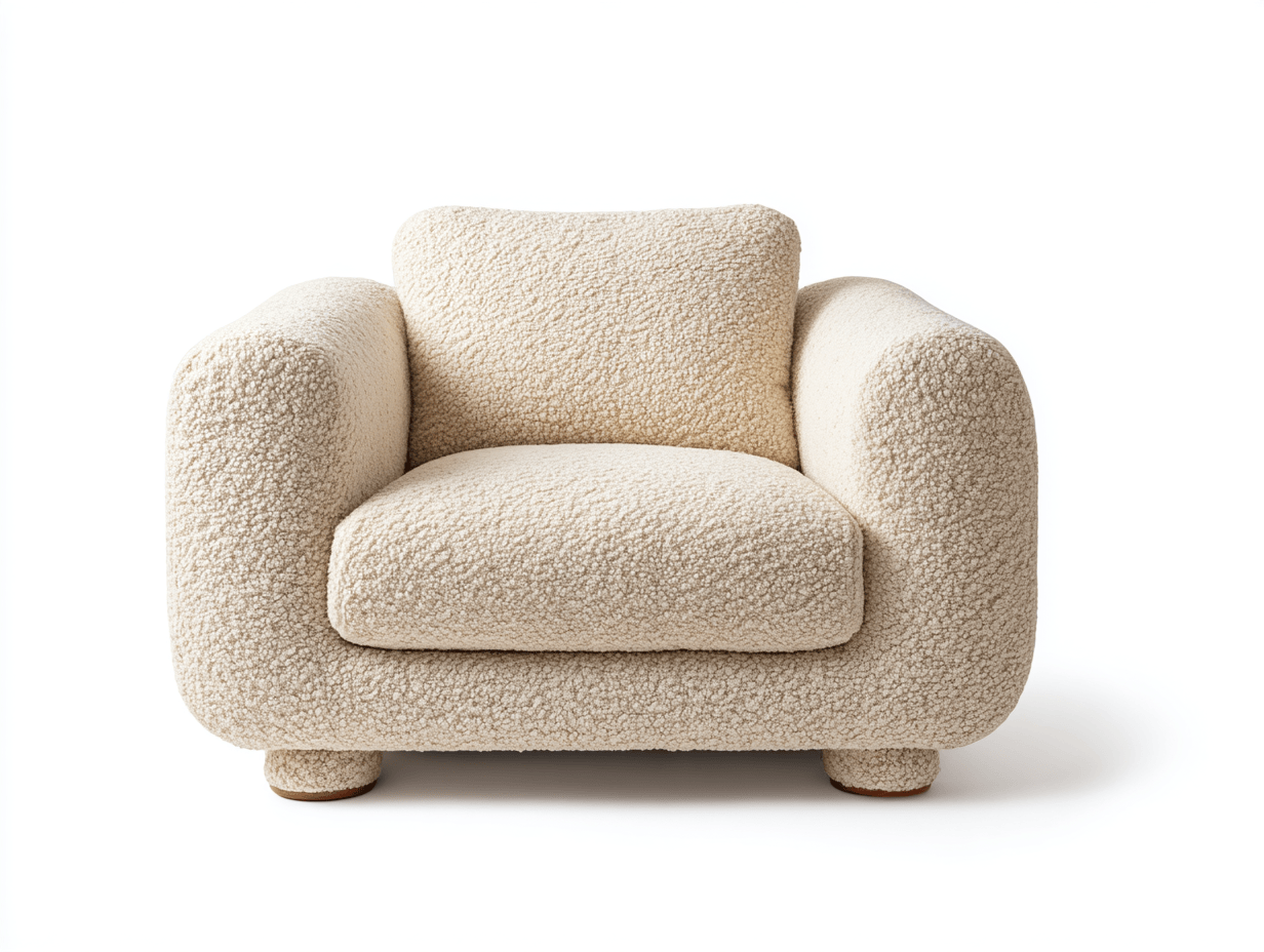 Sillón tapizado en bouclé beige – diseño redondeado con respaldo bajo y asiento profundo