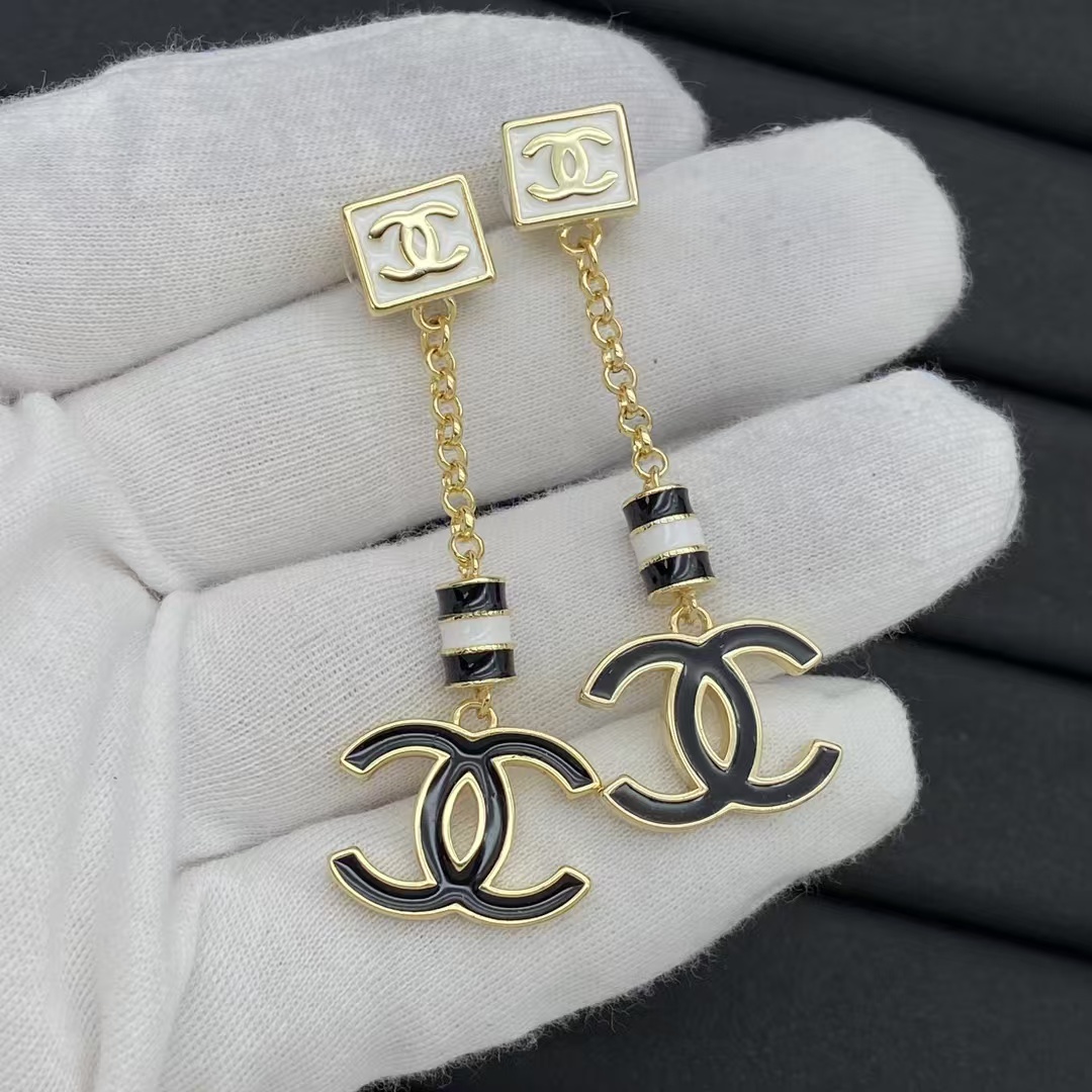 Chanel Black White Enamel Chain Tassel with Double C Earrings - Original Replica Club
