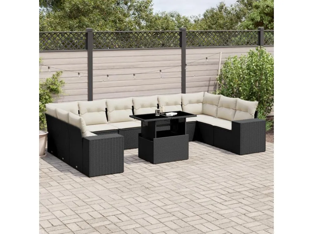 Hogarmini Set de sofás de jardín 11 pzas y cojines ratán sintético negro 04734dkfr