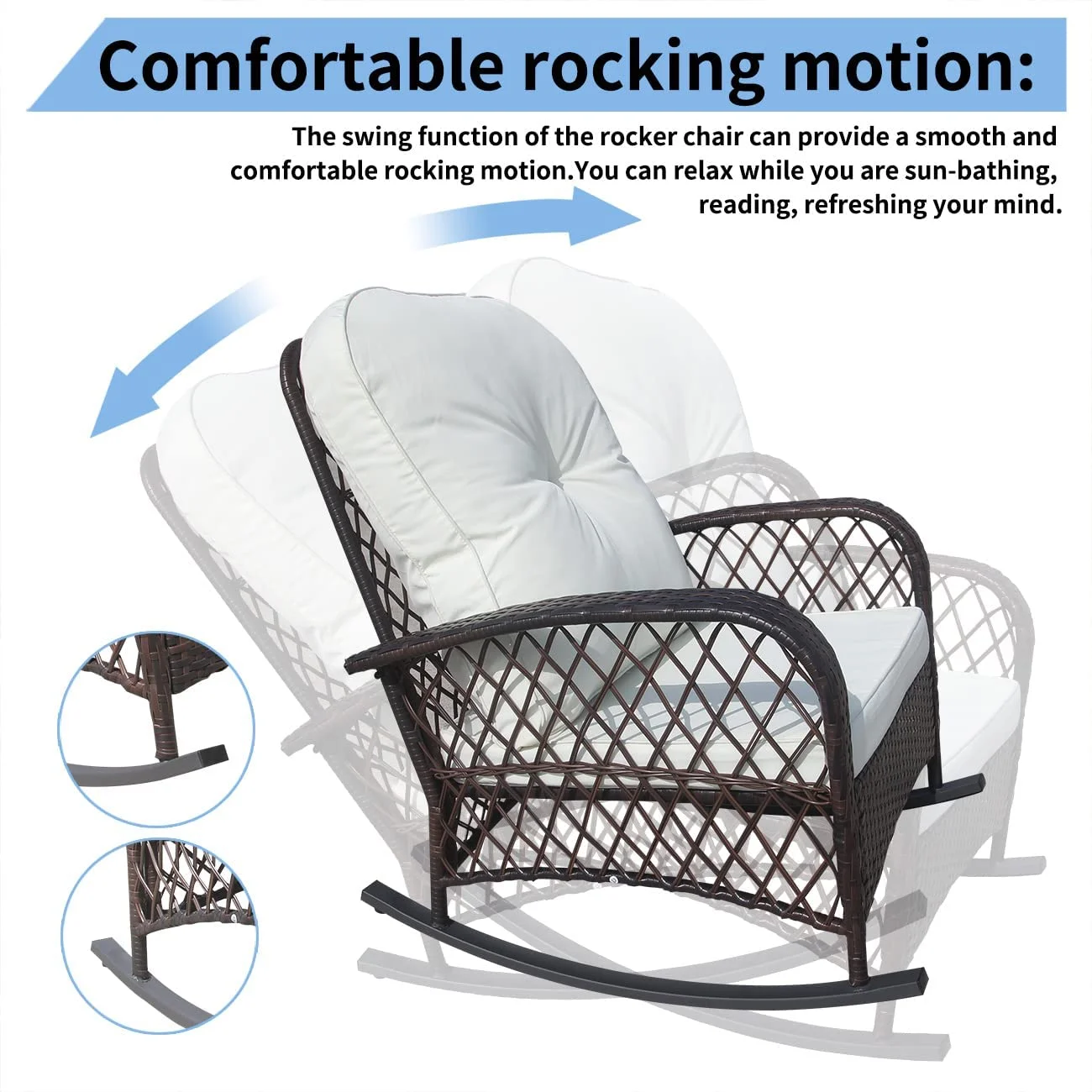 Furniture One 2 Piece Outdoor Wicker Rocking Chair, Patio Rattan Rocker Chair with Cushions & Steel Frame, All-Weather Rocking Lawn Wicker Furniture for Garden Backyard Porch - Image 2