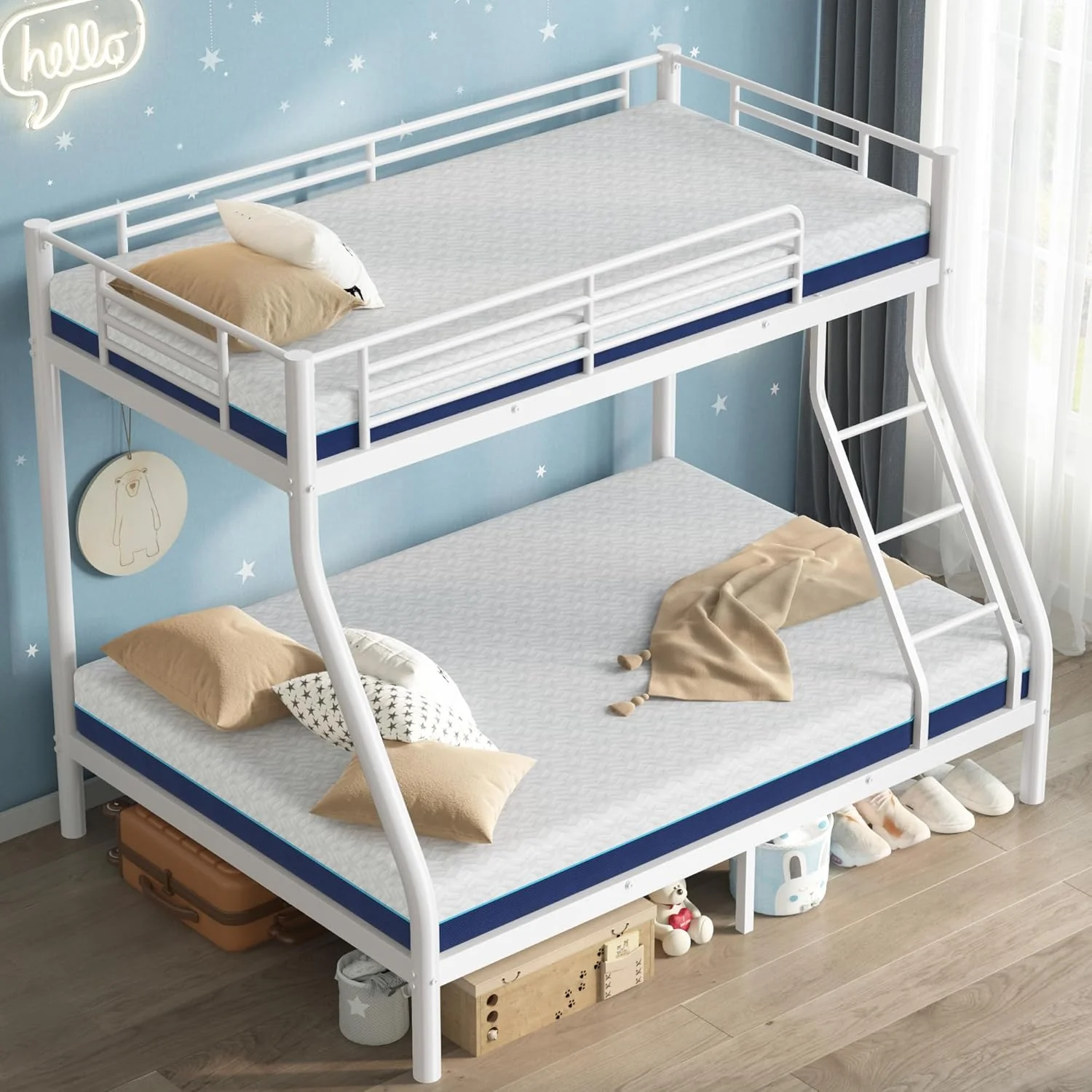 Cyranture Bunk Beds Twin Over Full Size Heavy Duty Bunk Beds Guardrail Metal Bunk Bed Frame