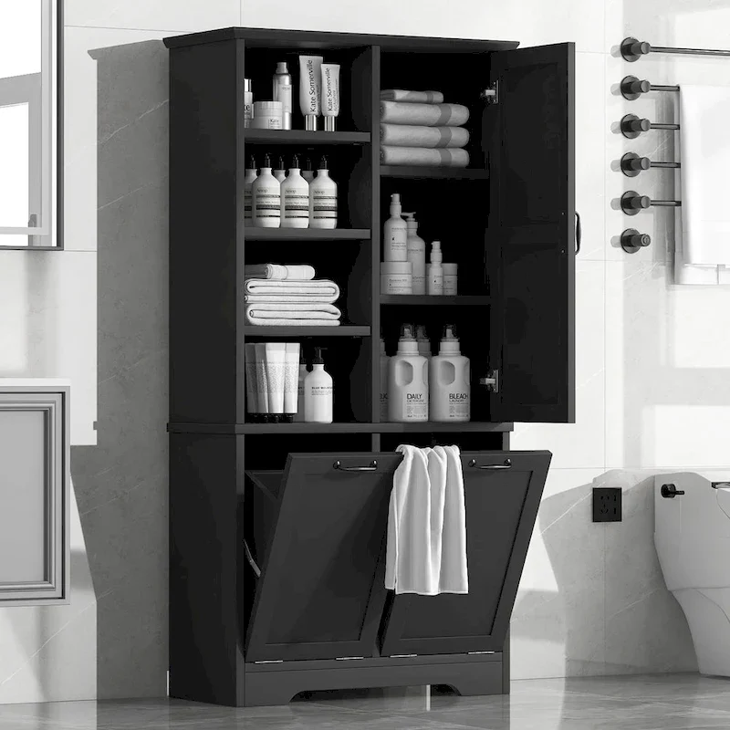 Multi-Functional Bathroom Storage Cabinet with Doors, Drawers, and Tilt-Out Laundry Hamper