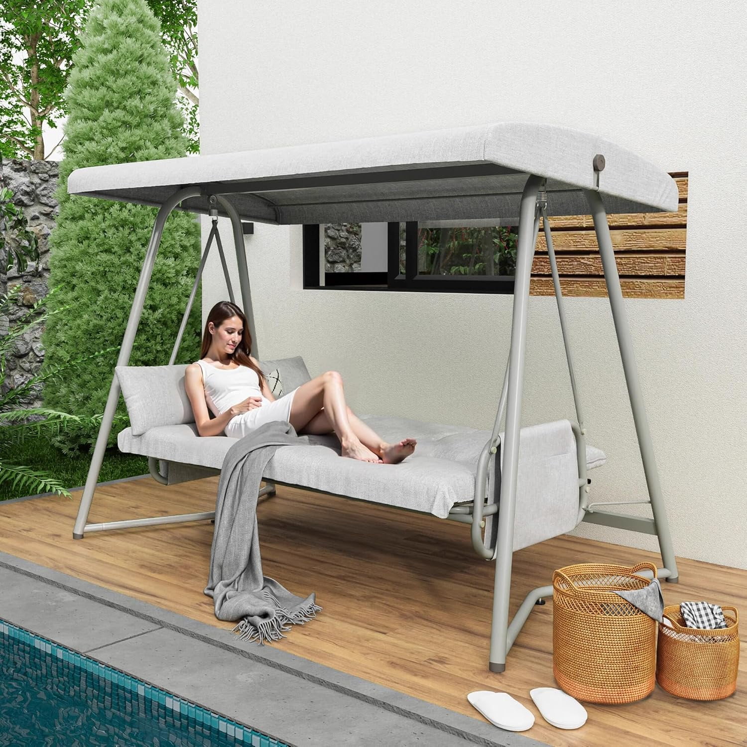 CHINNLUU Oversized 4 Person Porch Swing with Stand 800 LBS Capacity Adjustable Canopy Backrest Includes Cushions Pillows Patio 2 in 1 Swing Bed for Backyard Garden Poolside, Champagne - Image 5