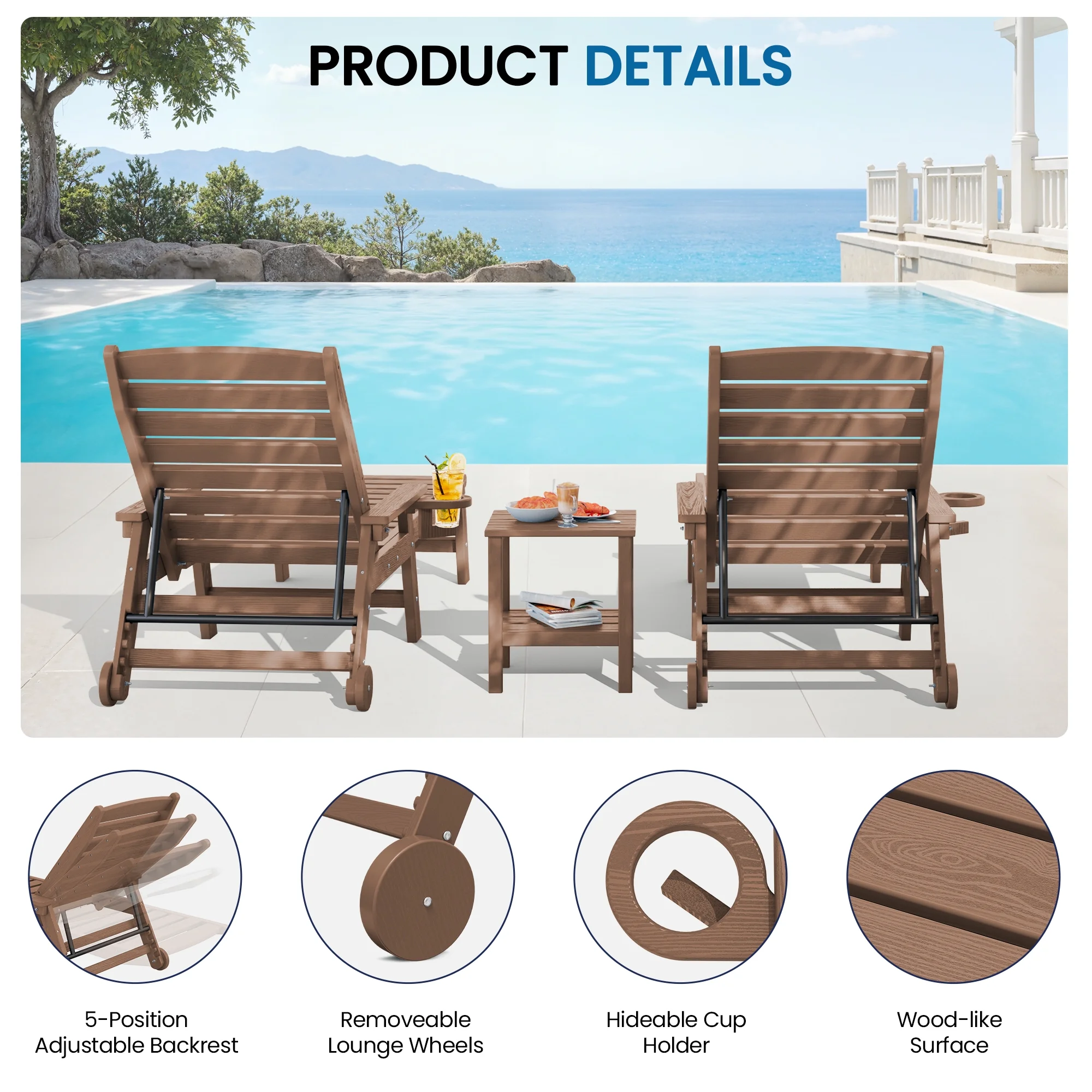 SERWALL Patio Chaise Lounge Chair, 78'' HDPE Outdoor Lounge Chair 5 Positions Pool Lounger Navy Blue - Image 69