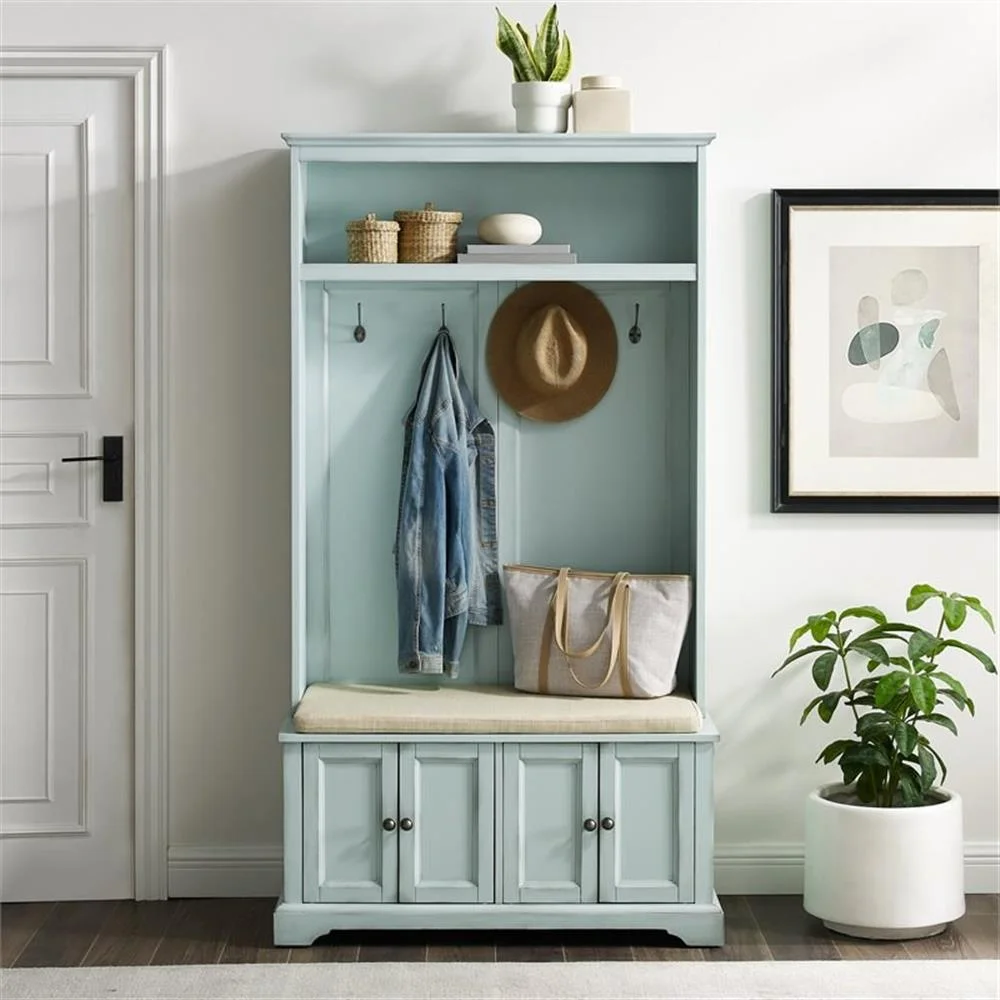 Bowery Hill Traditional Wood Hall Tree in Seafoam Blue/Oatmeal - Image 5