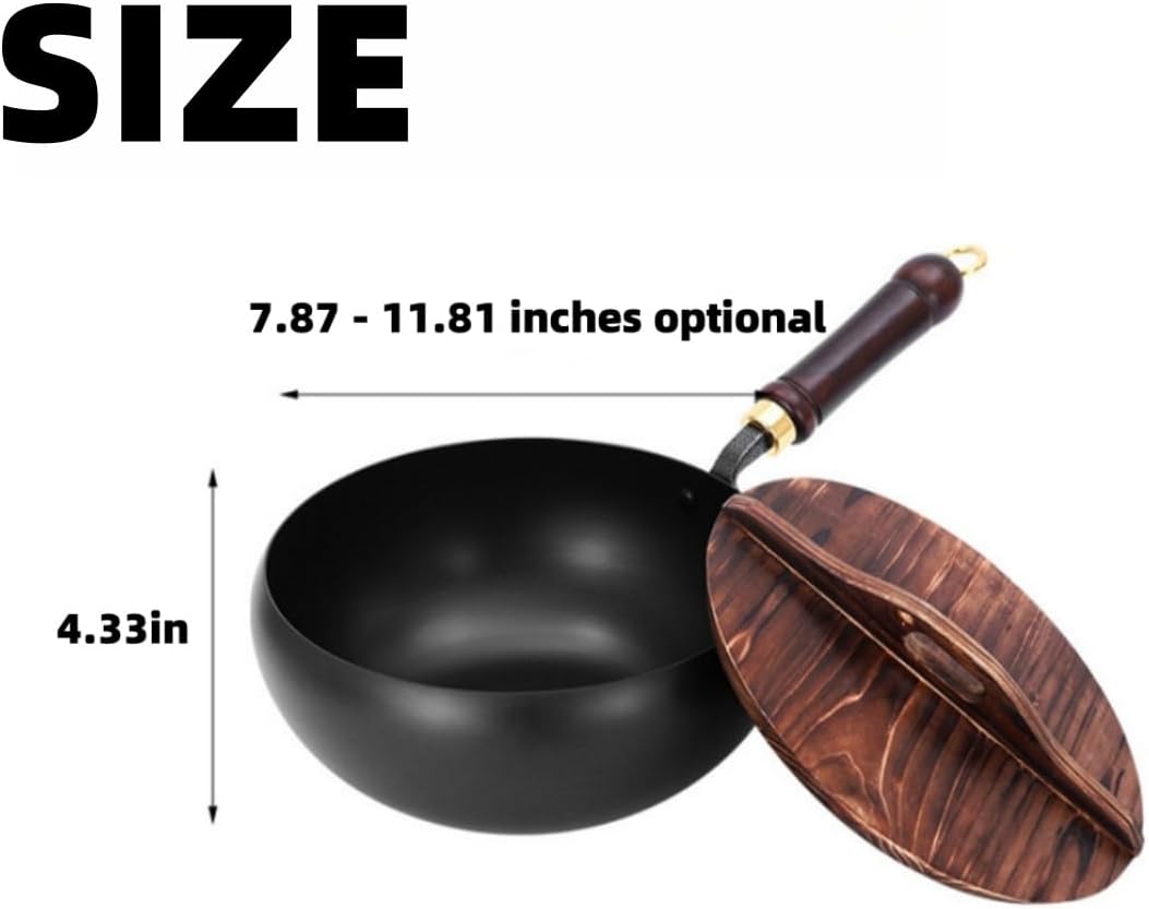 Iron Pot, 7.87-11.81 inch Uncoated Iron Pan with Lid, No Chemical Coated Flat Bottom Japanese Pans, Woks & Stir-Fry Pans Set for Induction, Electric, Gas (Wooden Lid, 7.87in)