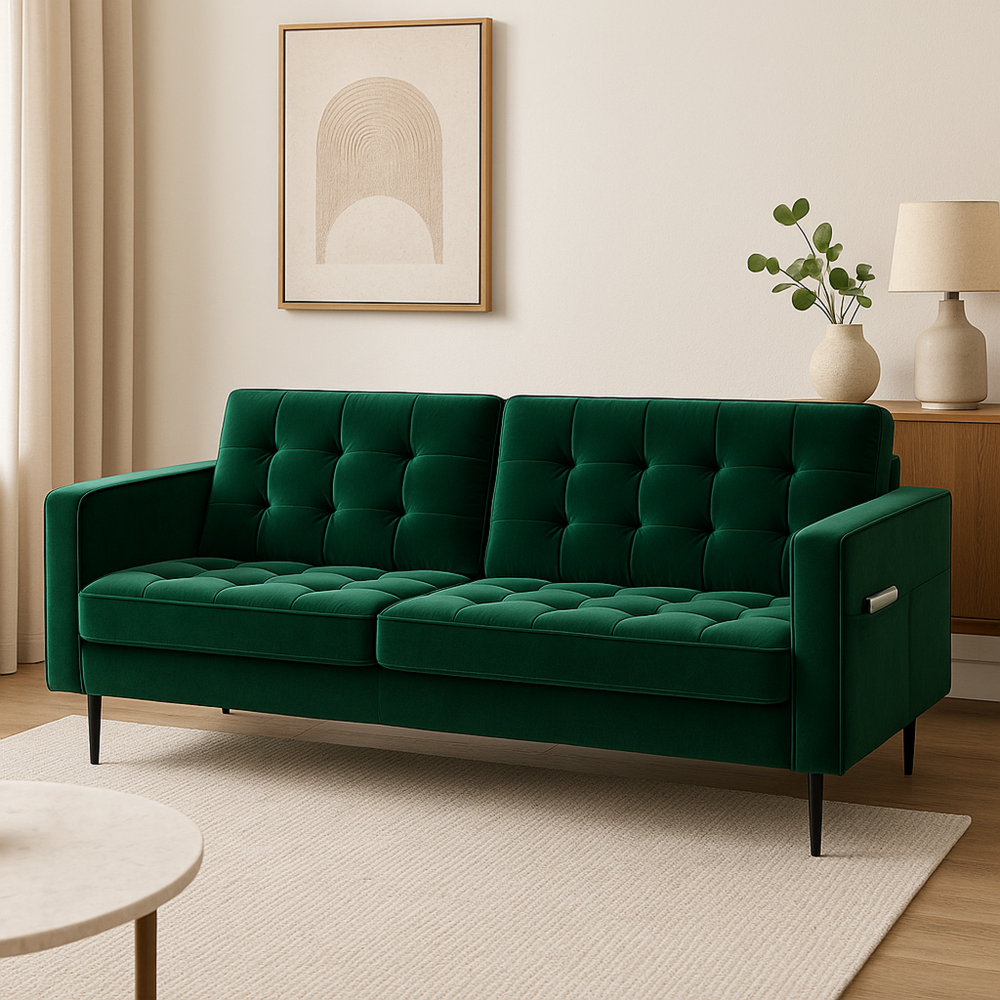 Sofá Verde Oscuro de Terciopelo para Sala de Estar, Moderno, 180 cm, Ideal para Tres Personas