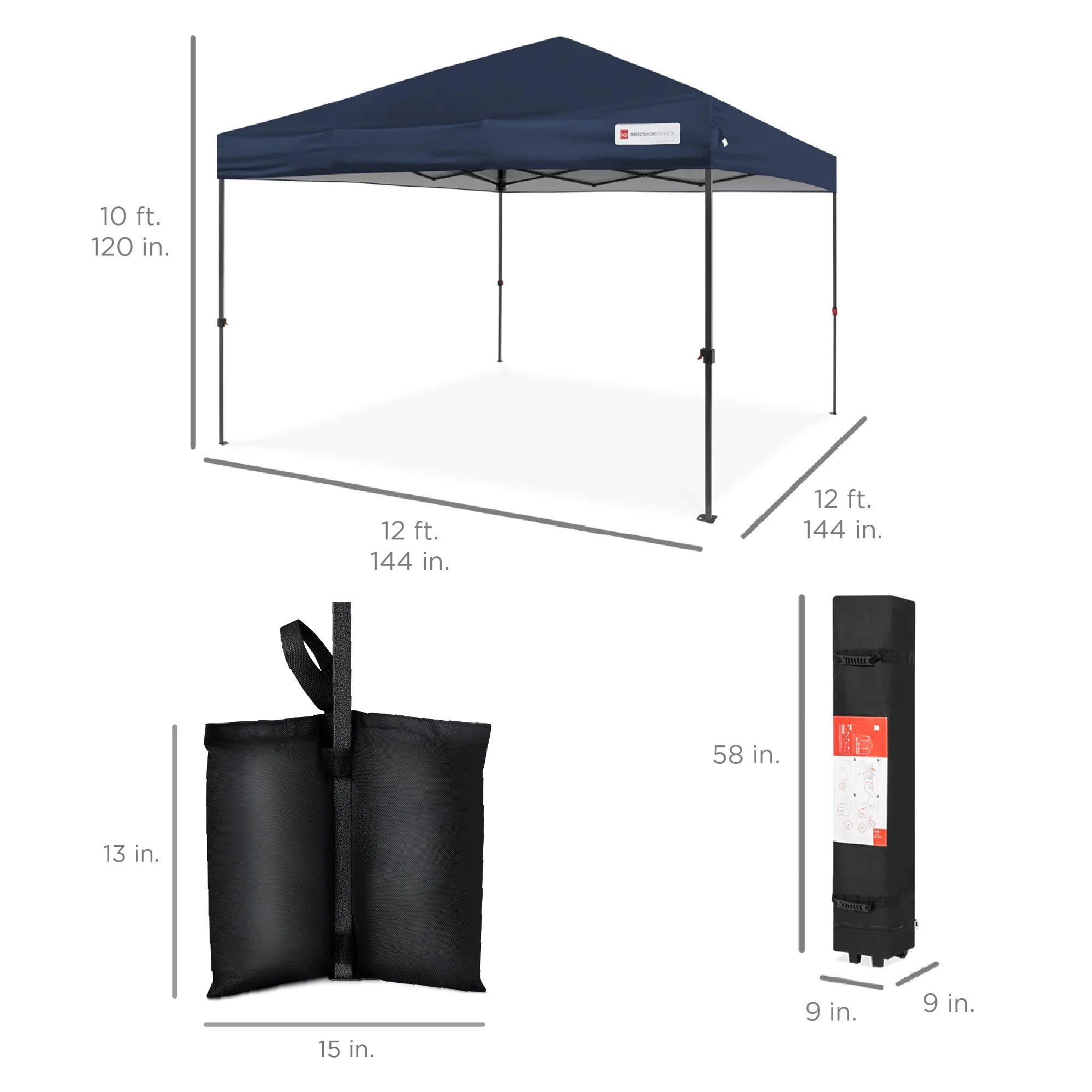 Best Choice Products 12x12ft Easy Setup Pop Up Canopy w/ 1-Button Setup, Wheeled Case, 4 Weight Bags - Navy Blue - Image 16