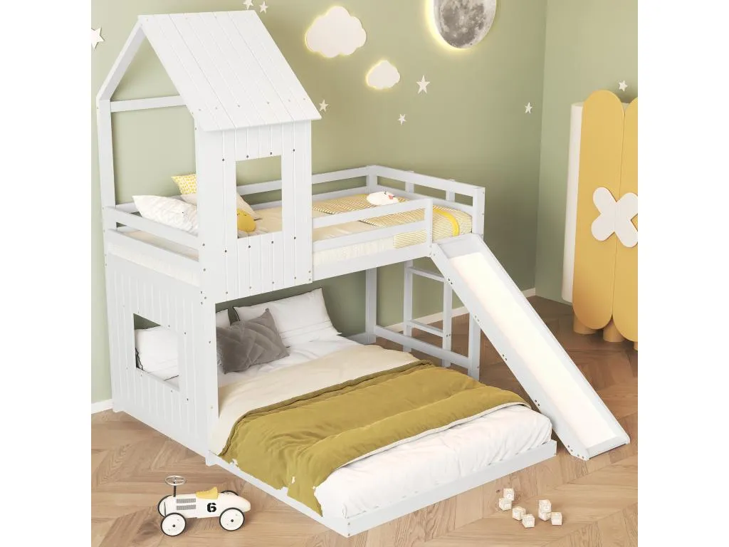 Litera para niños con tobogán y escalera - 90x200 cm 140x200 cm - fabricada en Decoesp y MDF - Blanco UPQX07461