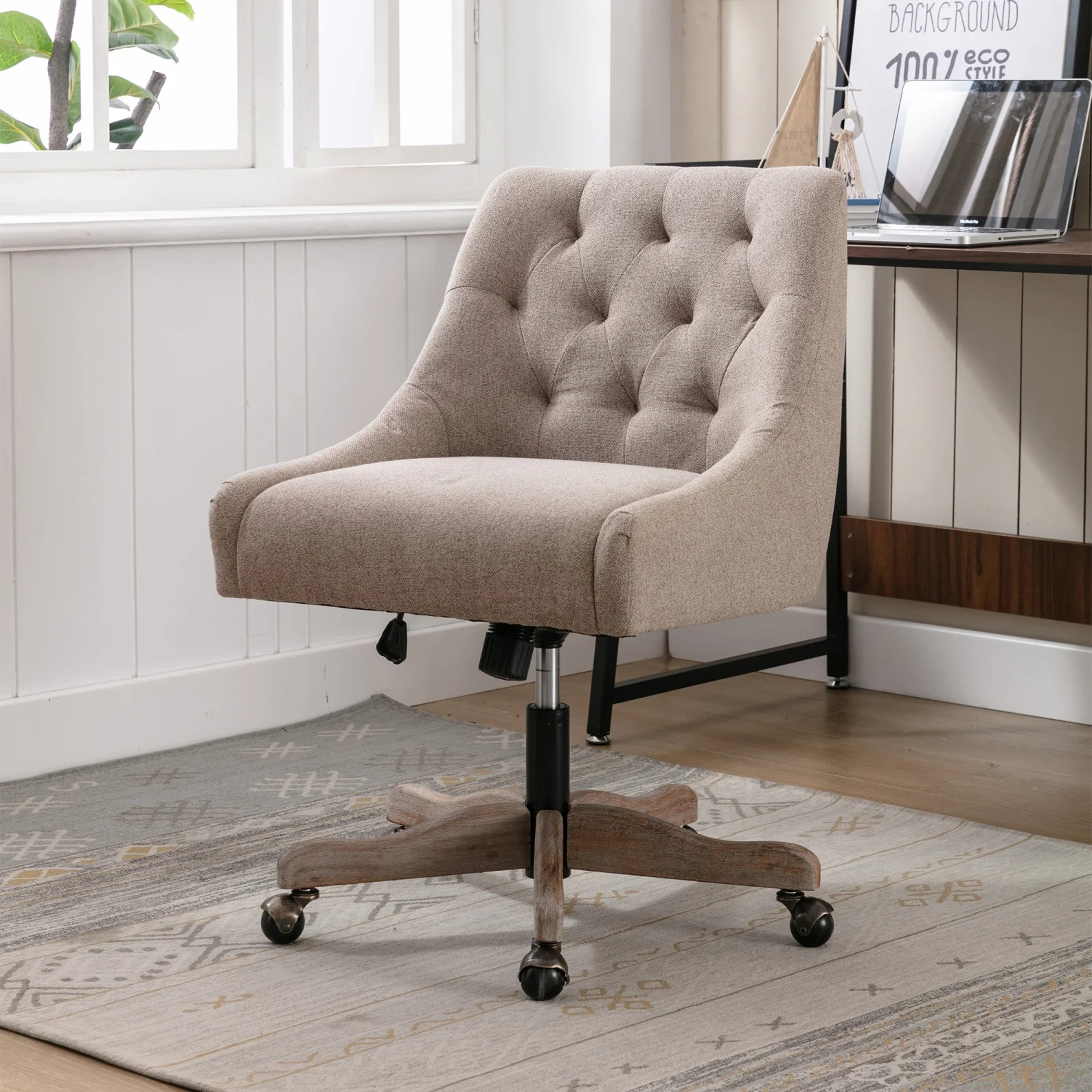 360 Degree Swivel Office Desk Chair, Upholstered Leisure Vanity Chair with Solid Wood Base and Wheels, Adjustable Height Computer Chair for Bedroom Living Room, Brown - Image 2