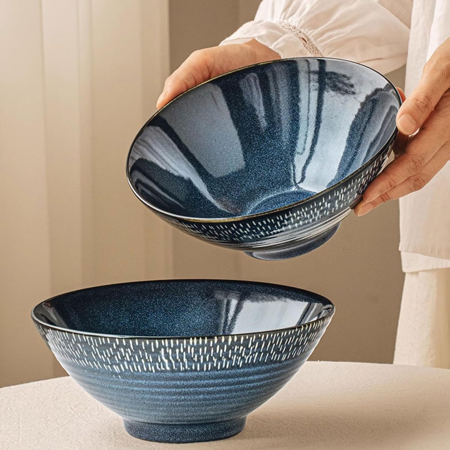 Ceramic Ramen Bowl Set - Set of 8, 2 x Ramen Bowls with Chopsticks, Ceramic Bowl & Frame Spoon for Asian Noodles and Udon (2-Piece Bowl Set) (2-Piece Set Blue Starry Sky)